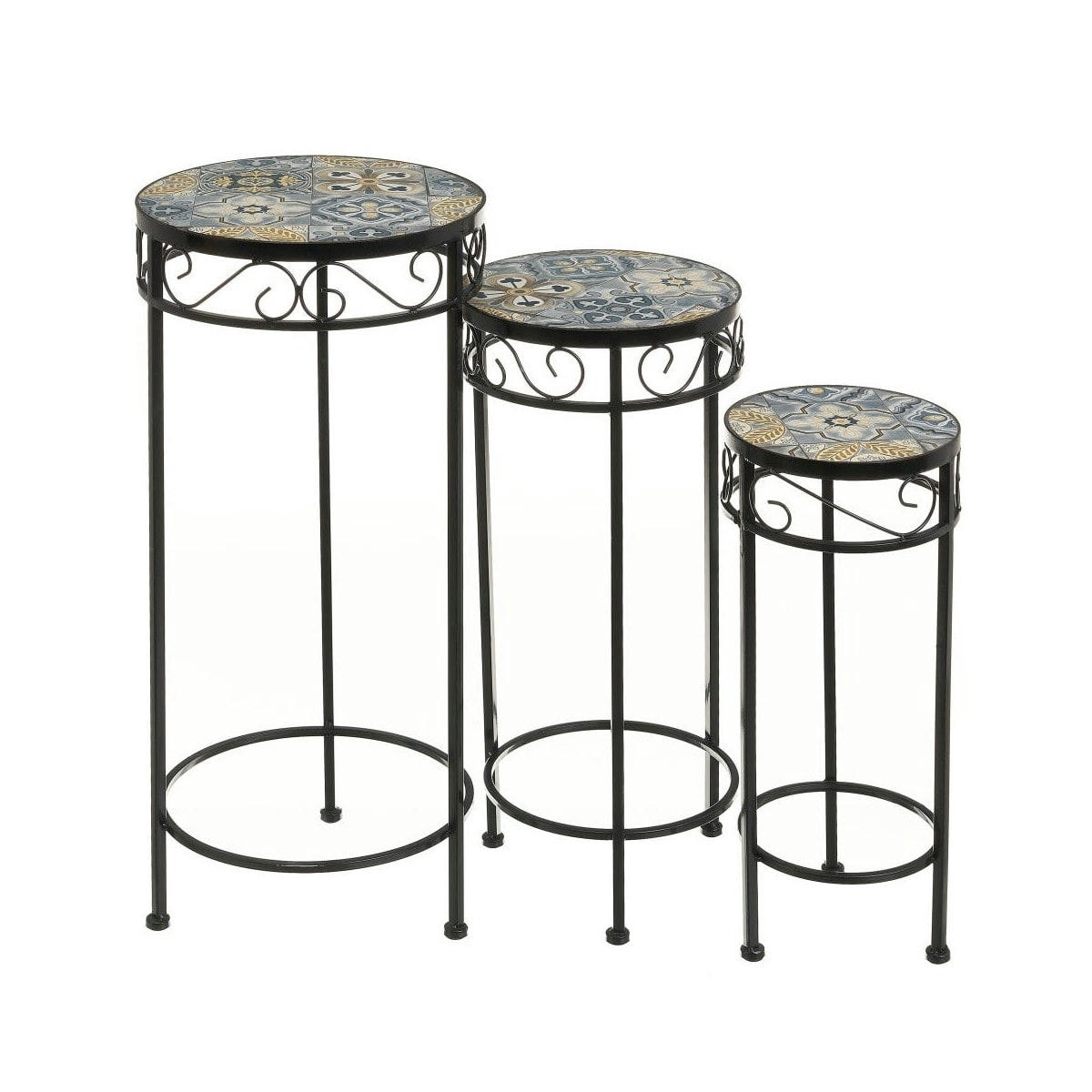 - Supports plantes métal noir et céramique bleu 30x30x66cm - Lot de 3