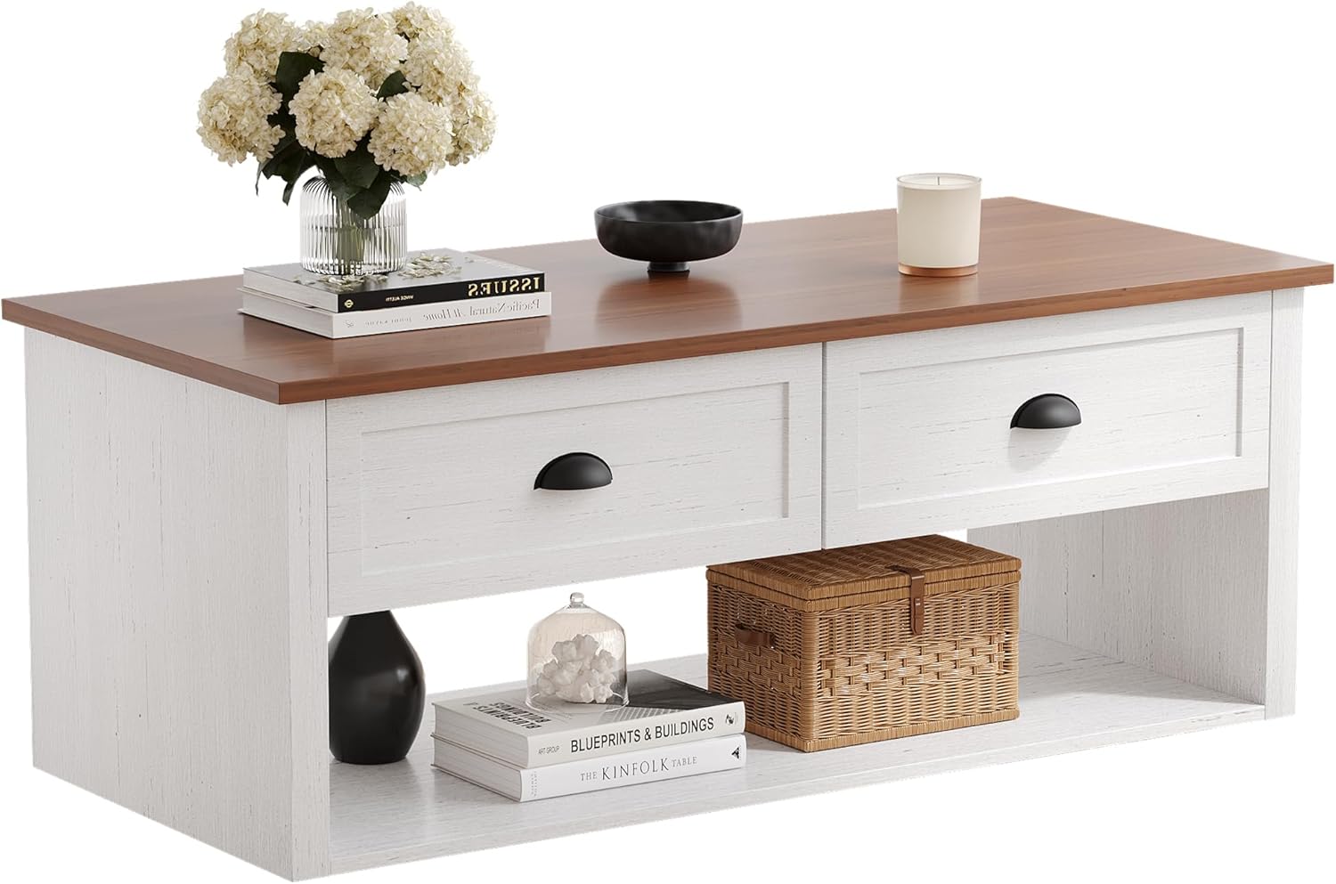 Farmhouse Coffee Table with Storage,62.6 Wide Rustic Center Table with Hidden Storage Compartment, Wood Dining Table for Living Room,Office,Antique White