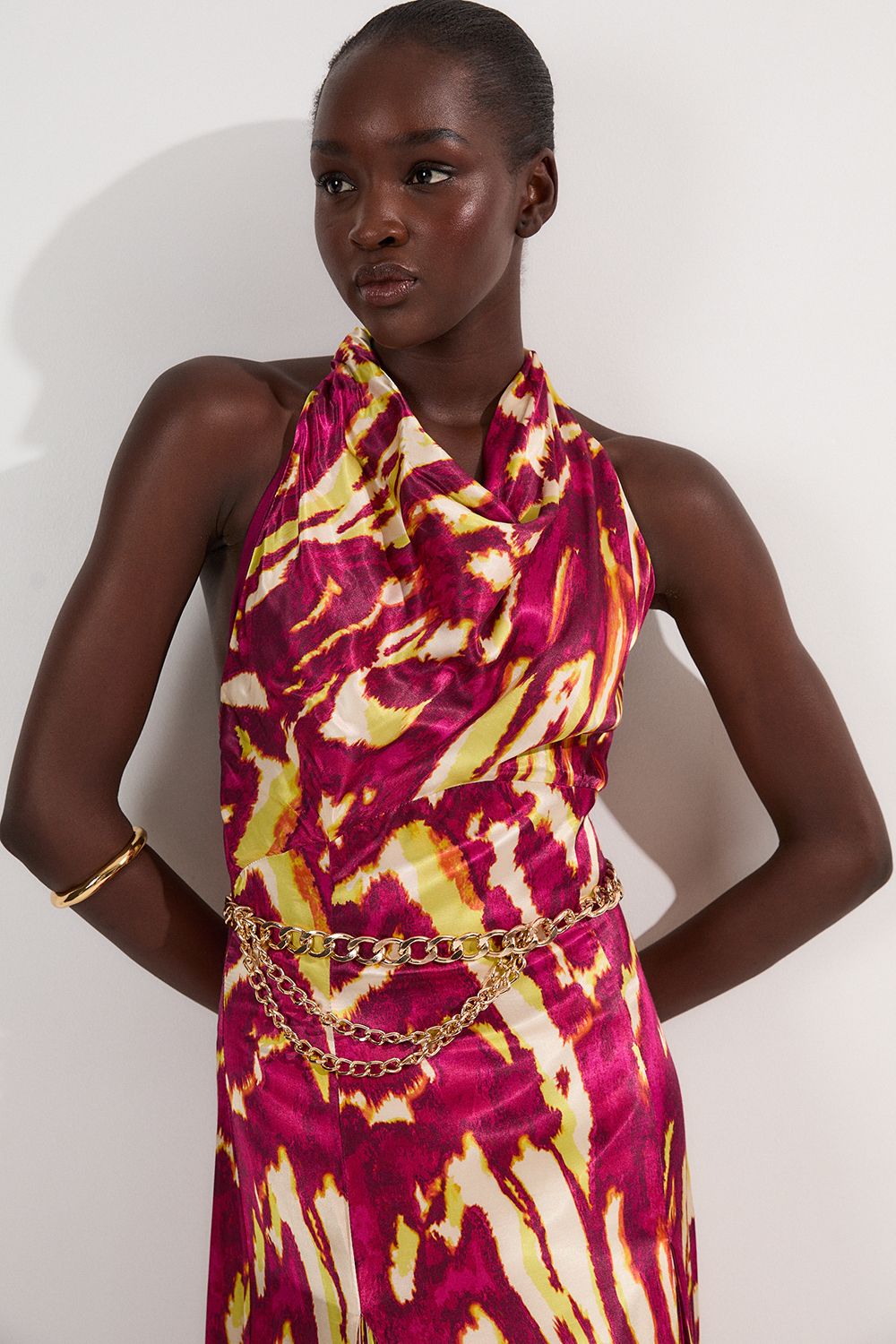 KarenMillen Viscose Satin Border Print Halter Neck Woven Maxi Dress