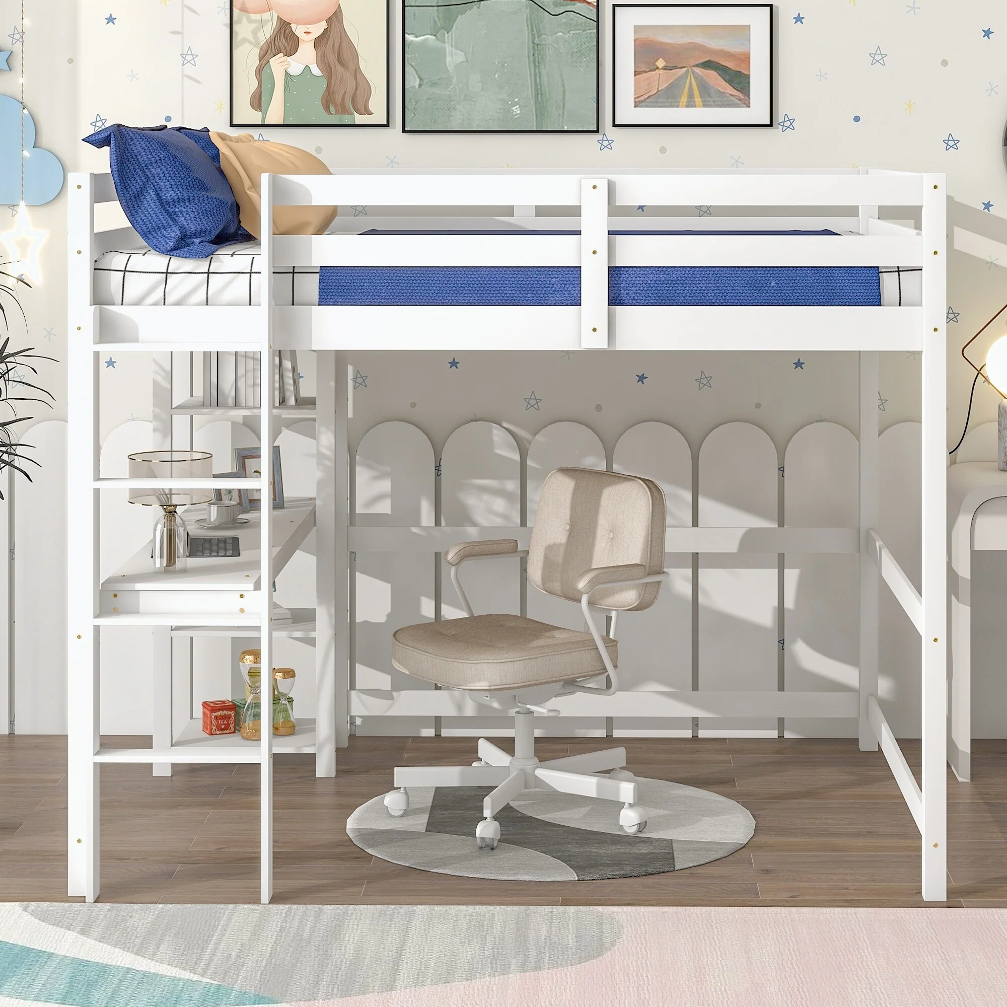 Full Loft Bed with Desk and Shelves