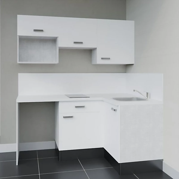 Kitchenette KA03 - 128 cm - Façades : Blanc - Plan de travail : Blanc - Crédences : Oui - Evier