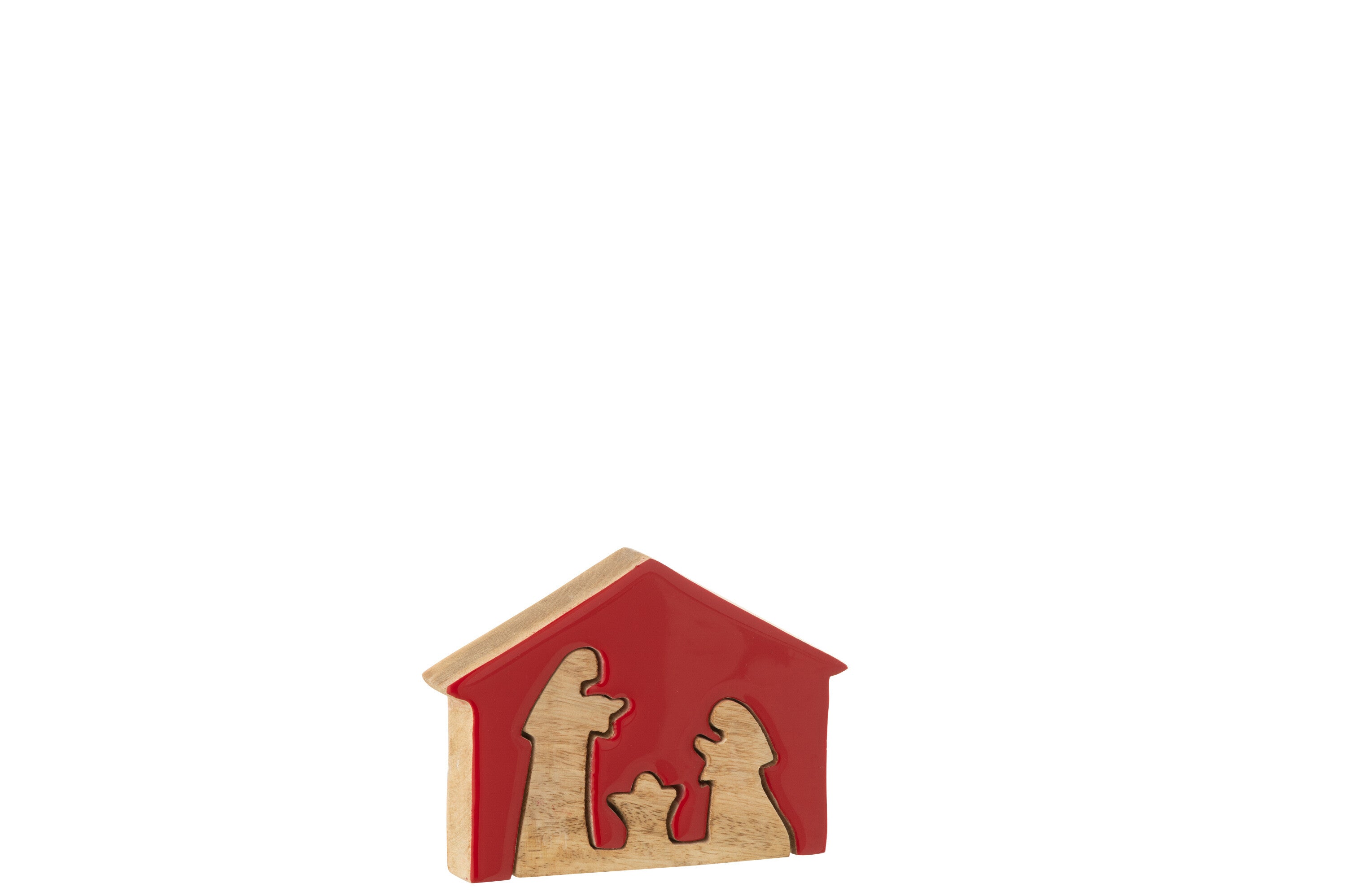 J-Line decoratie Kerststal in Huis - hout - rood/naturel - small