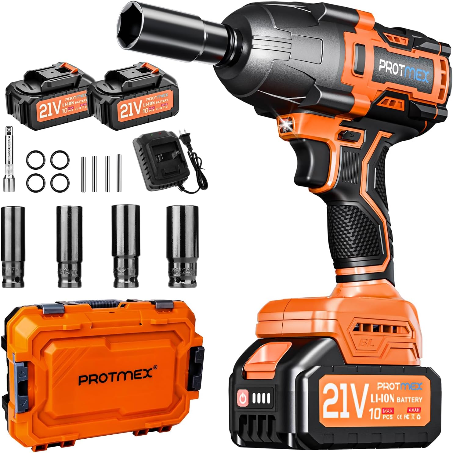Protmex Cordless Impact Wrench, 900Ft-lbs (1200N.m) 1/2 Brushless Impact Gun, 21V High Torque Power Impact Driver, 2x4.0Ah Batteries Electric Impact Motor Variable Speeds for Car/Pickup Truck/Mower