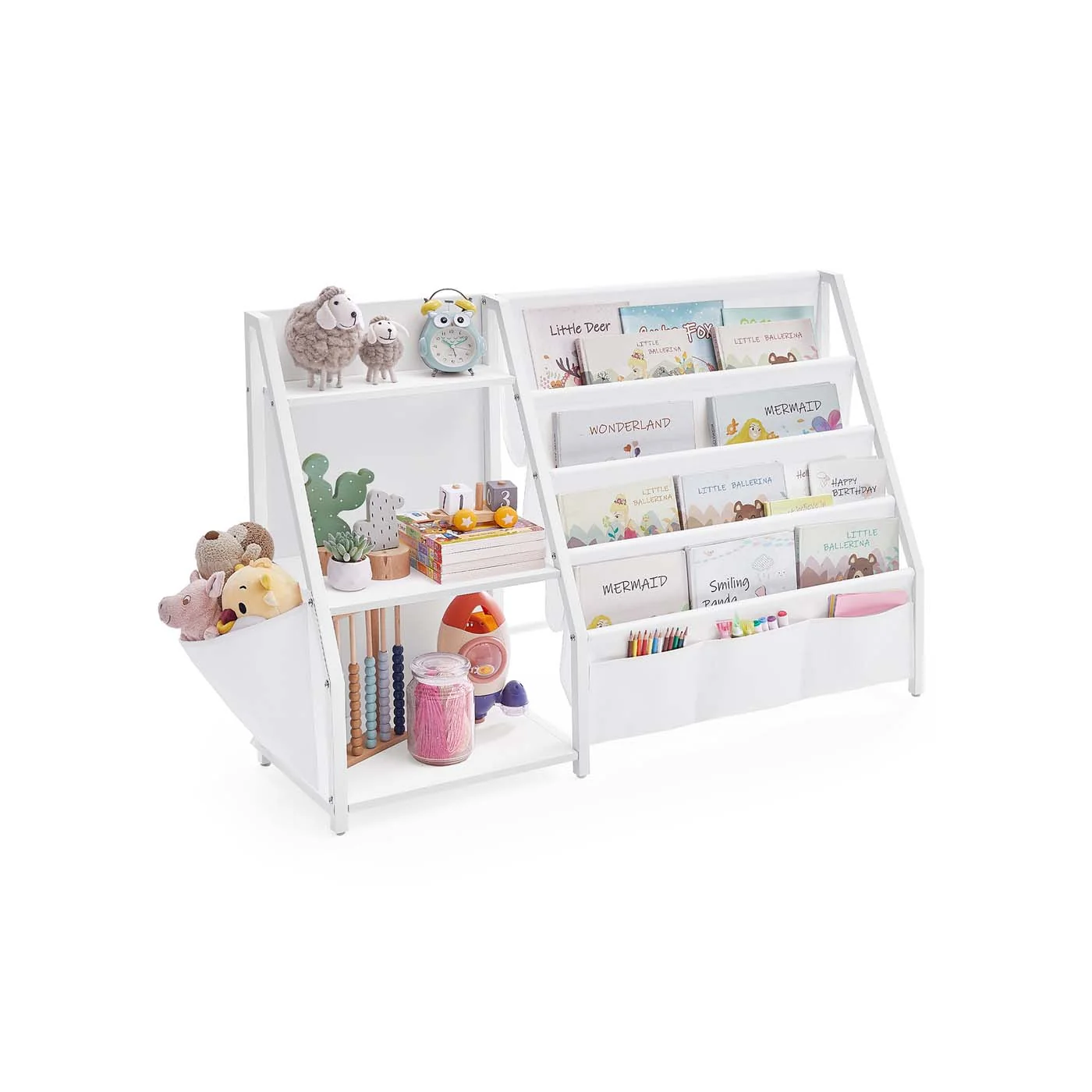 Bibliothèque enfant avec poche latérale pour livres et jouets