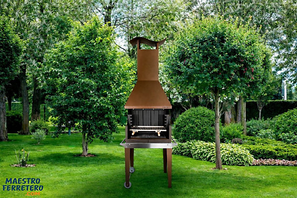 MF - Barbecue à bois et charbon style argentin pour jardin modèle Coven finition imitation oxyde avec table
