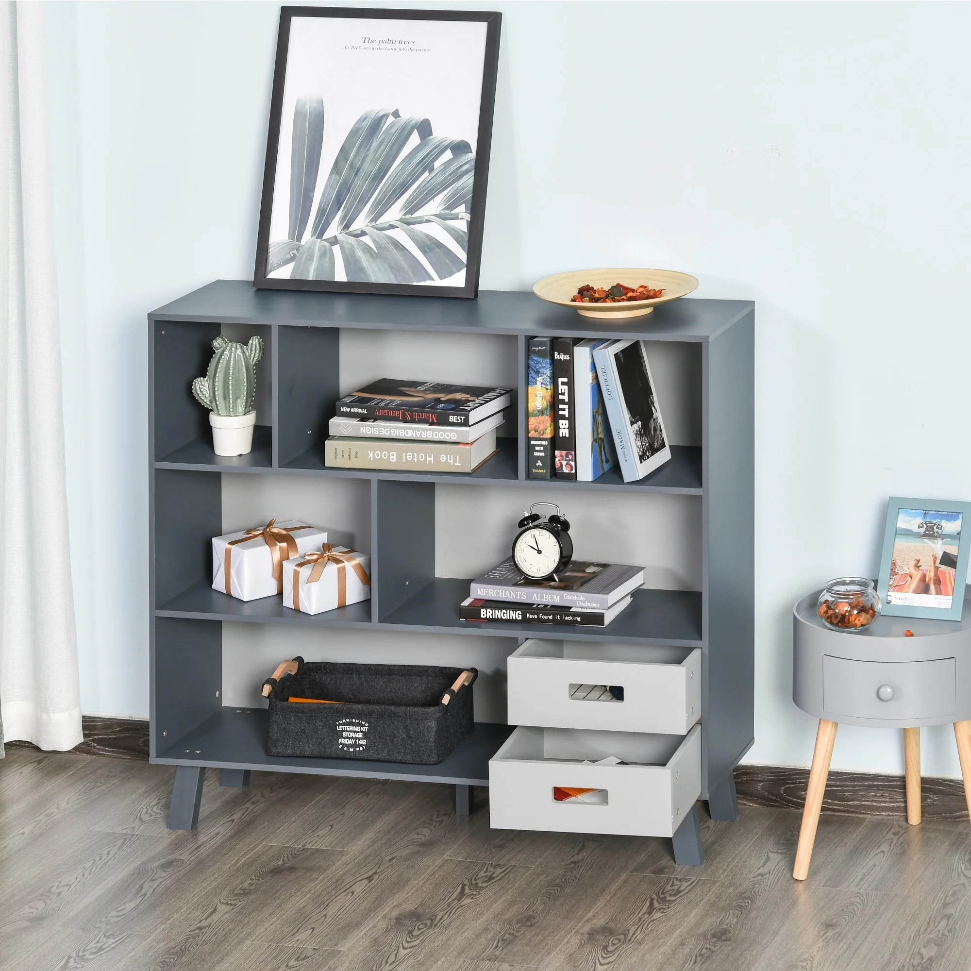 HOMCOM 3-Tier Child Bookcase Open Shelves Cabinet Floor Standing Home Office Storage Furniture Shelvin with Drawers