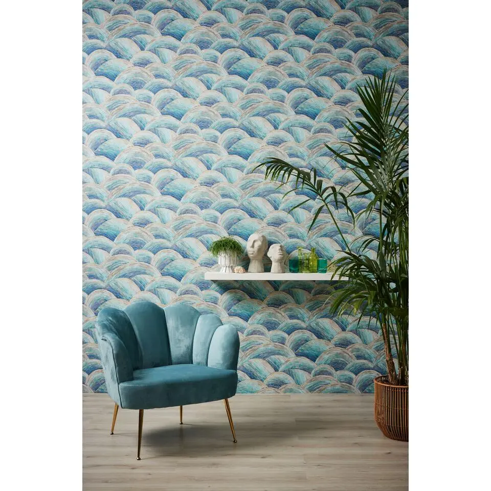 Livingwalls behang art deco bogen blauw, turquoise, goud en grijs