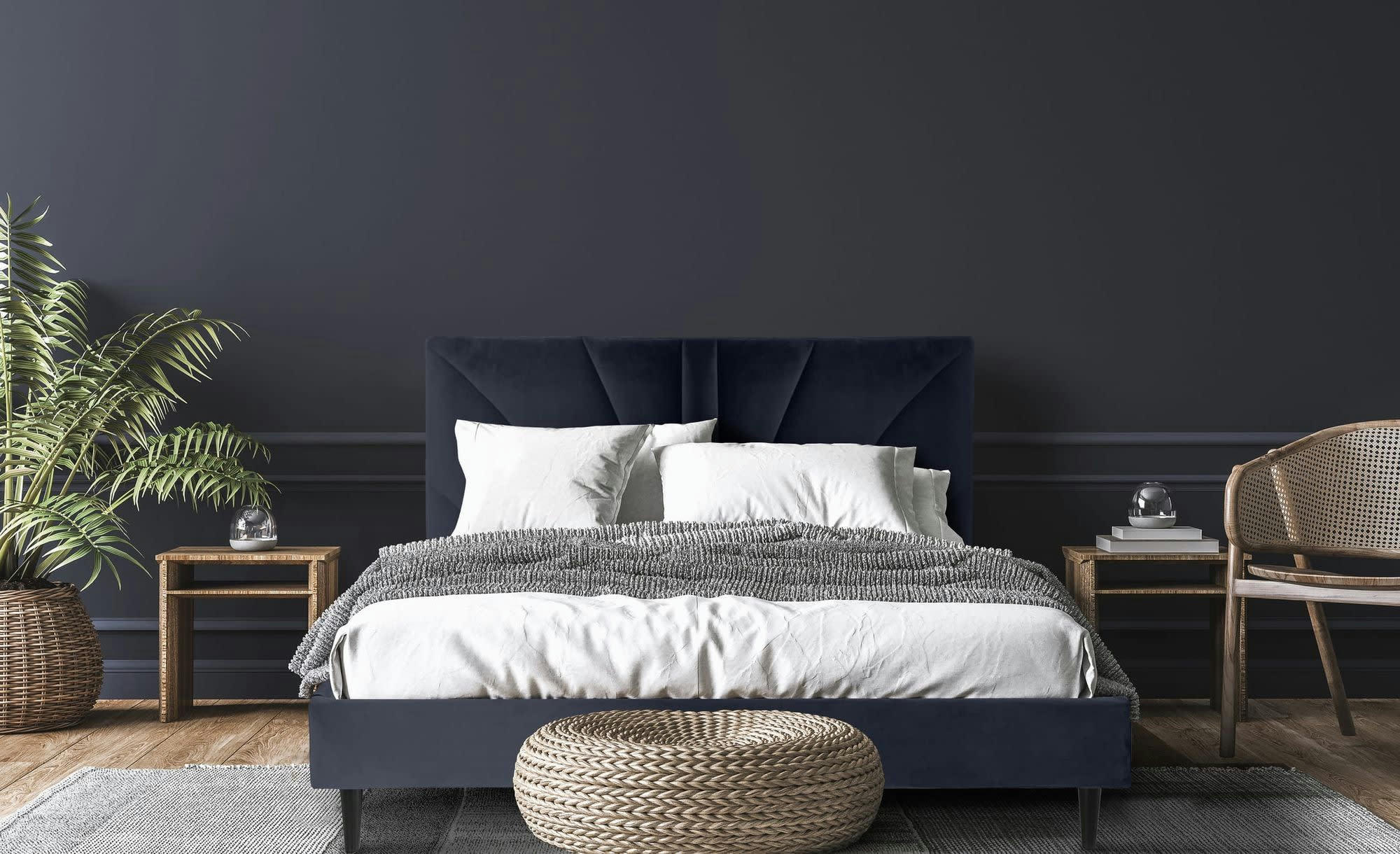 BENJI - Lit avec matelas 2 places  en velours bleu nuit 160x200