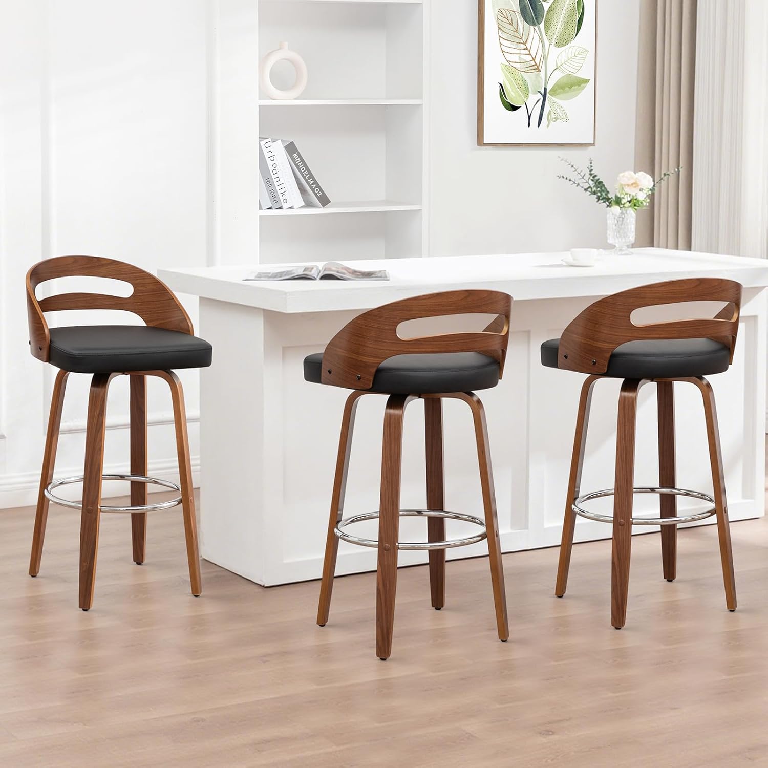 Swivel Bar Stools Set of 3, 30 inch Mid Century Bar Stools with Bentwood Curved Back, Walnut Craftsmanship, Upholstered Faux Leather, Bar Height BarStools for Bar/Cafe/Pub (Black, 30 Seat Height)