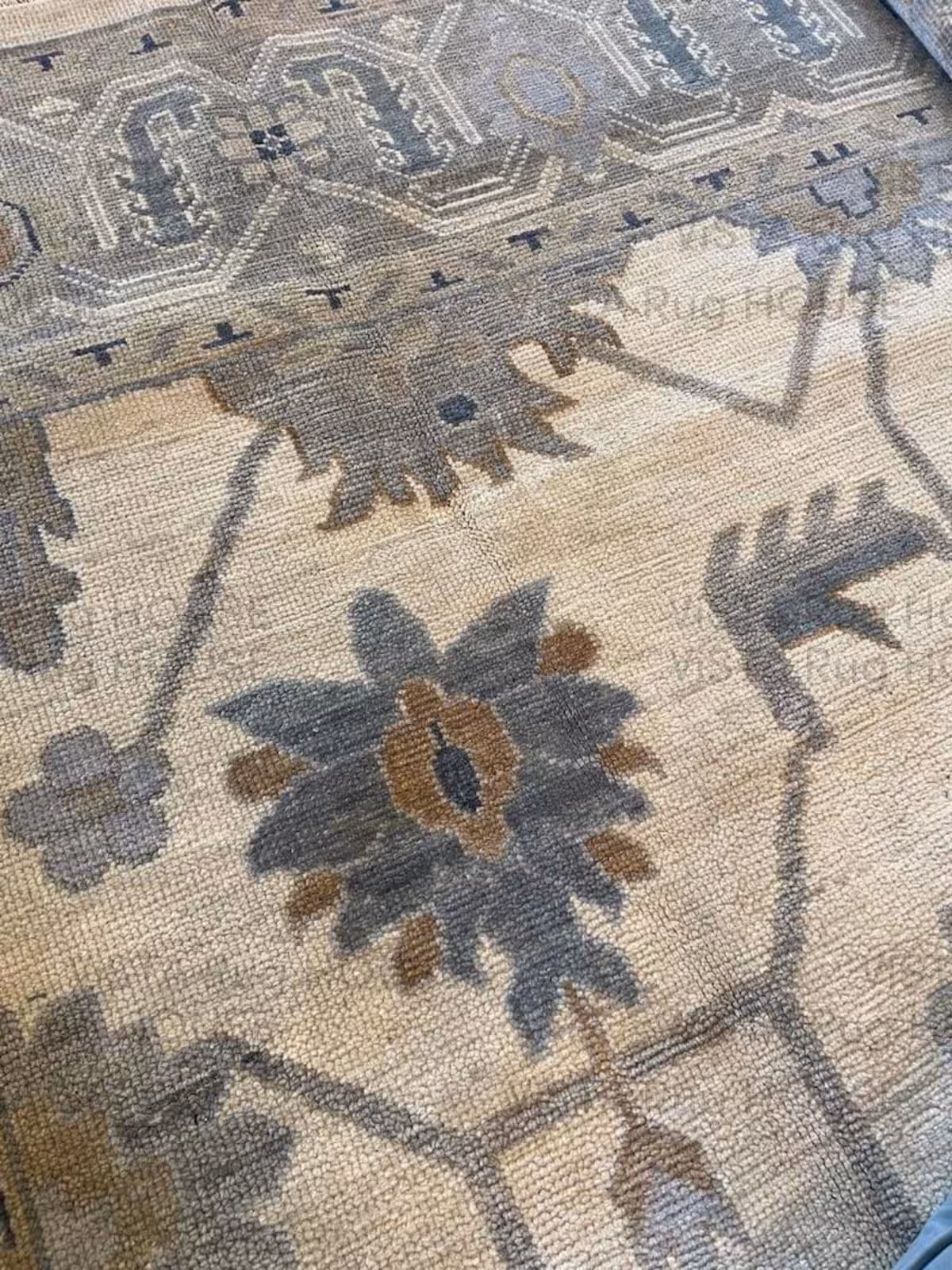 Hand Knotted Wool Oushak Rug: Blue Beige Floral, Soft Pile
