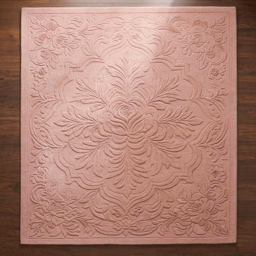 Handmade Dusty Pink Tufted Floral Rug, Sculpted Botanical Wool Area Rug, Carved Flower Carpet, Blush Pink Living Room Rug, Custom Size