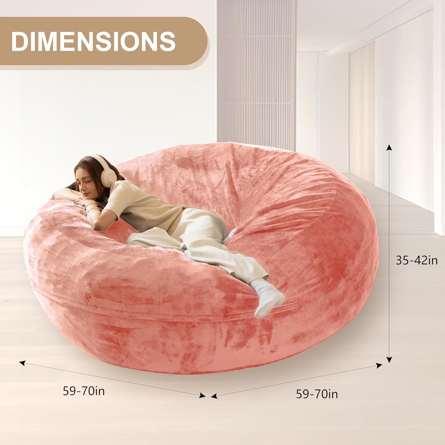 Bean Bag Chair for Adults, Floor Bean Bags Offers Ample Space for Adults,Memory Foam Giant Bean Bags,Lounger Versatile Design Suits Any Room,Movie Nights,Reading(Pink,6FT)