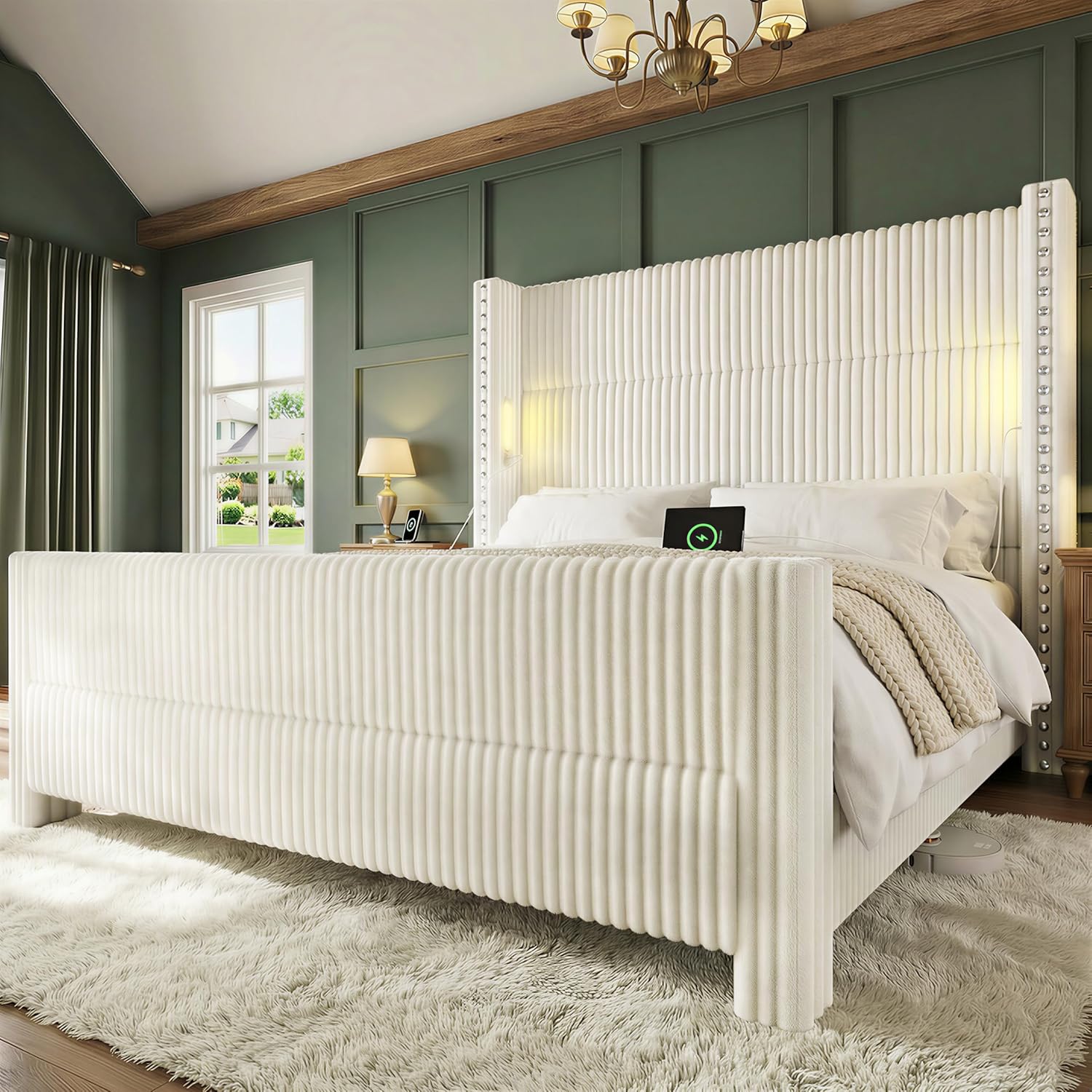 Queen Bed Frame with 56.7 Tall Headboard & Reading Lights, Corduroy Upholstered Wingback Platform Bed with Charging Station, Modern Retro Design, Noise Free, No Box Spring Required, Cream