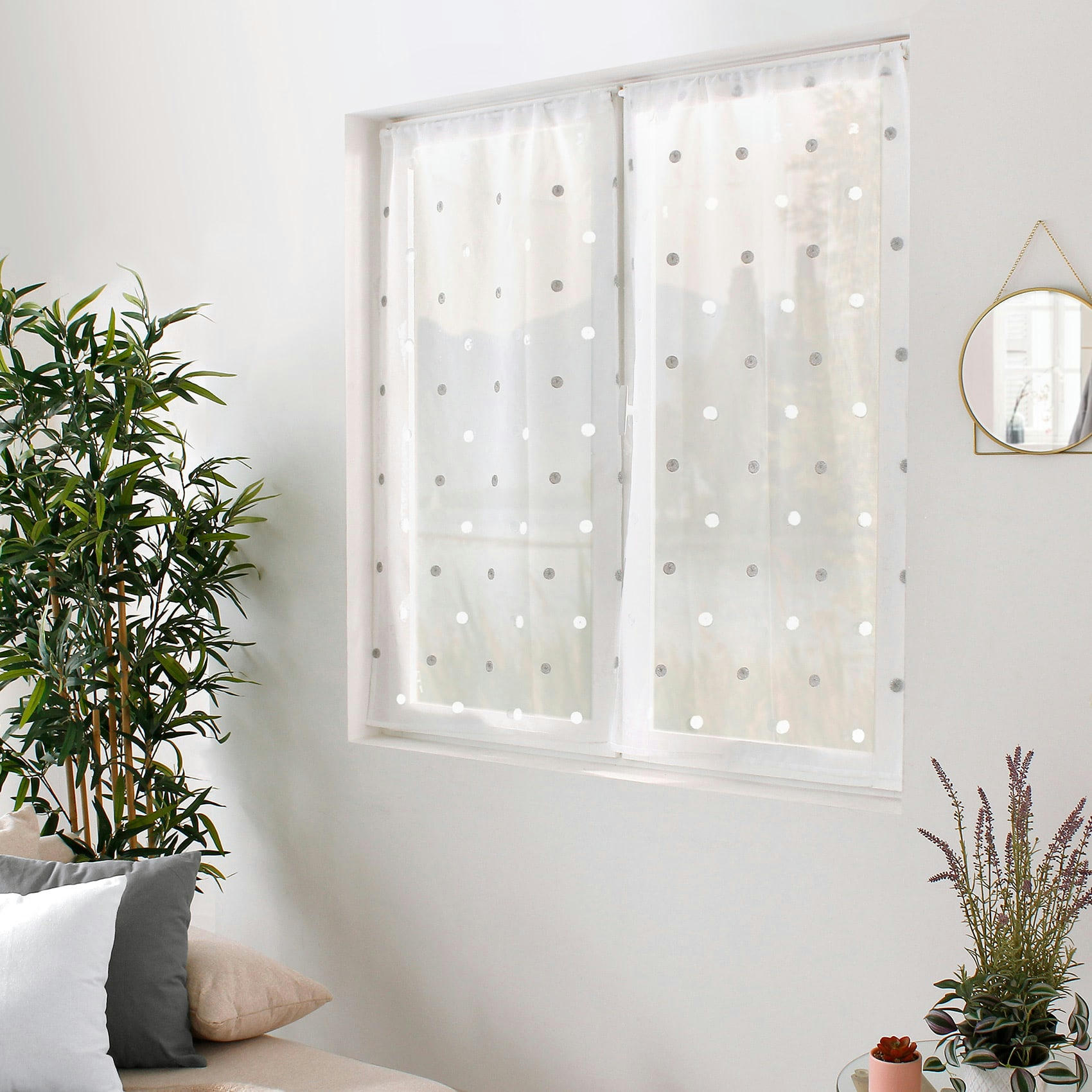 - Paire de vitrages droits à pois colorés polyester blanc 60x90 cm