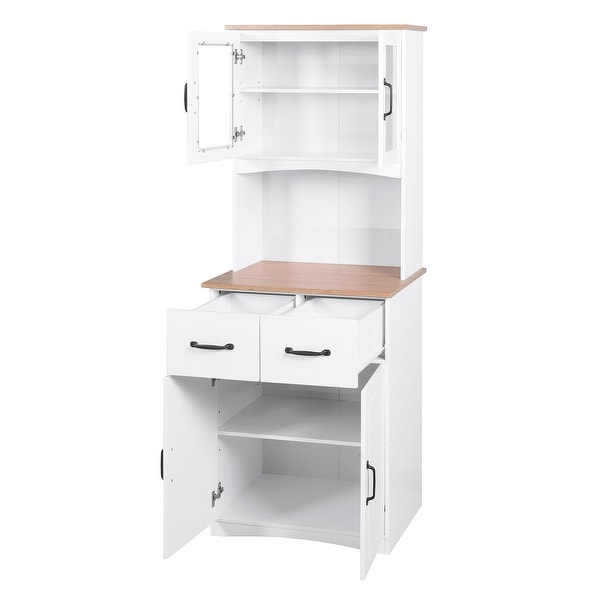 Wooden Kitchen Cabinet White Pantry Storage Microwave Cabinet with Framed Glass Doors and Drawer