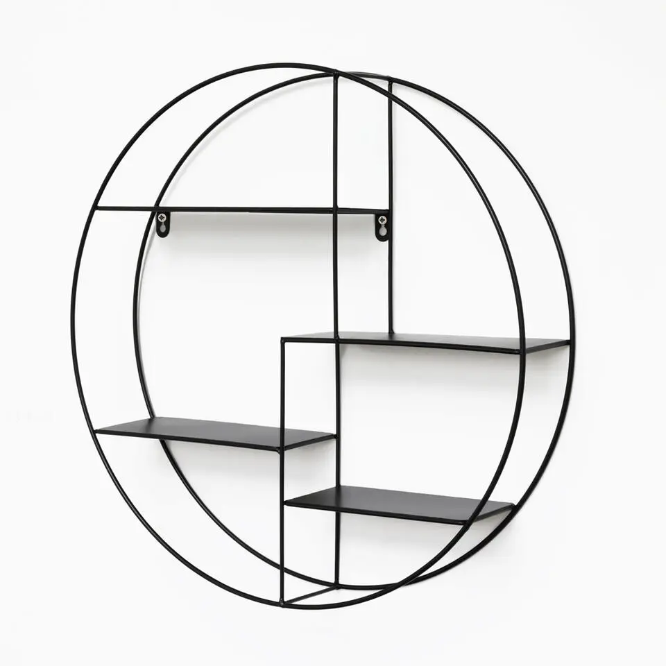 Zwart metalen wandrek met 4 plankjes - Rond - 50x10 cm