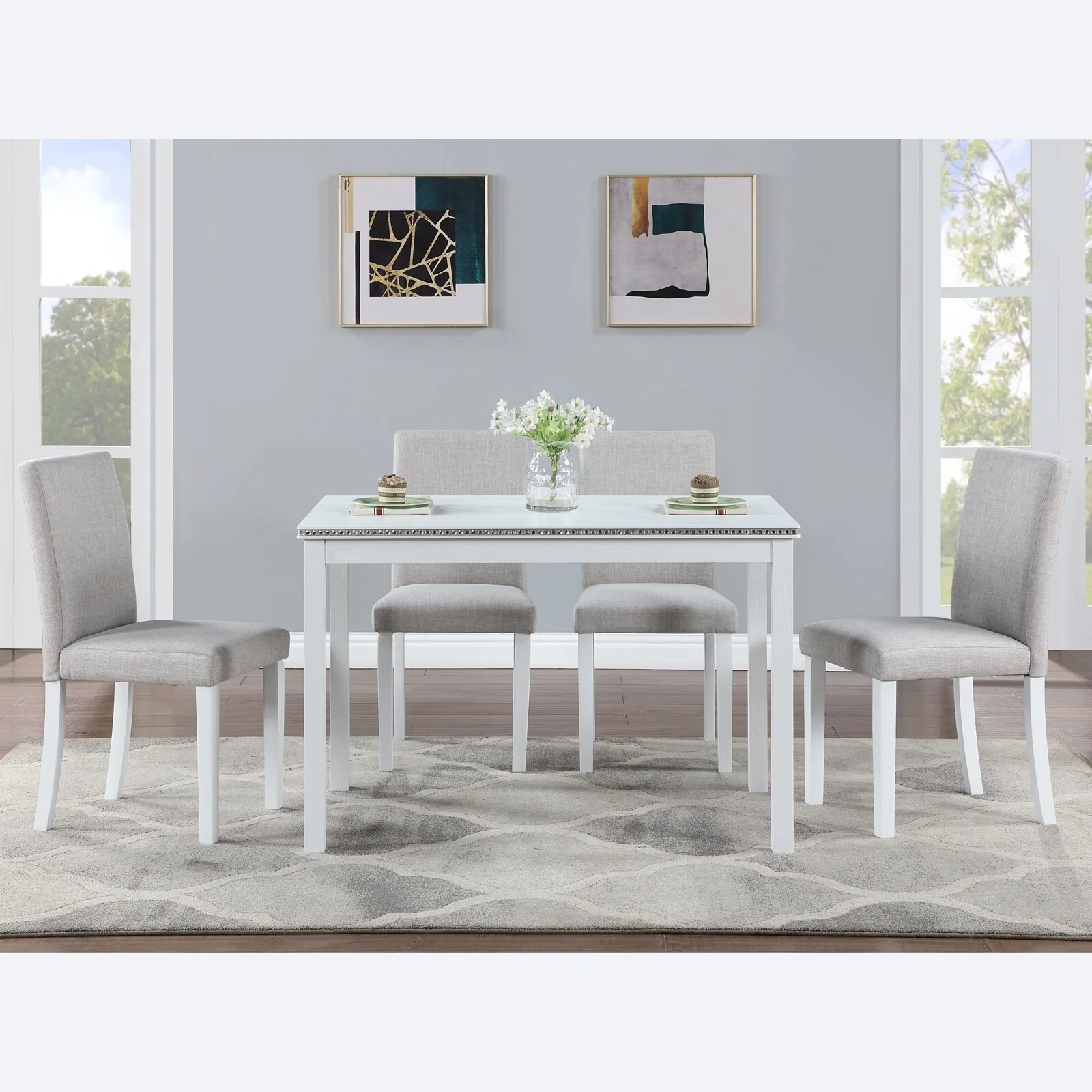 5 Piece Wooden Rectangular Crystal Decoration Dining Table Set with 4 Upholstered Chairs
