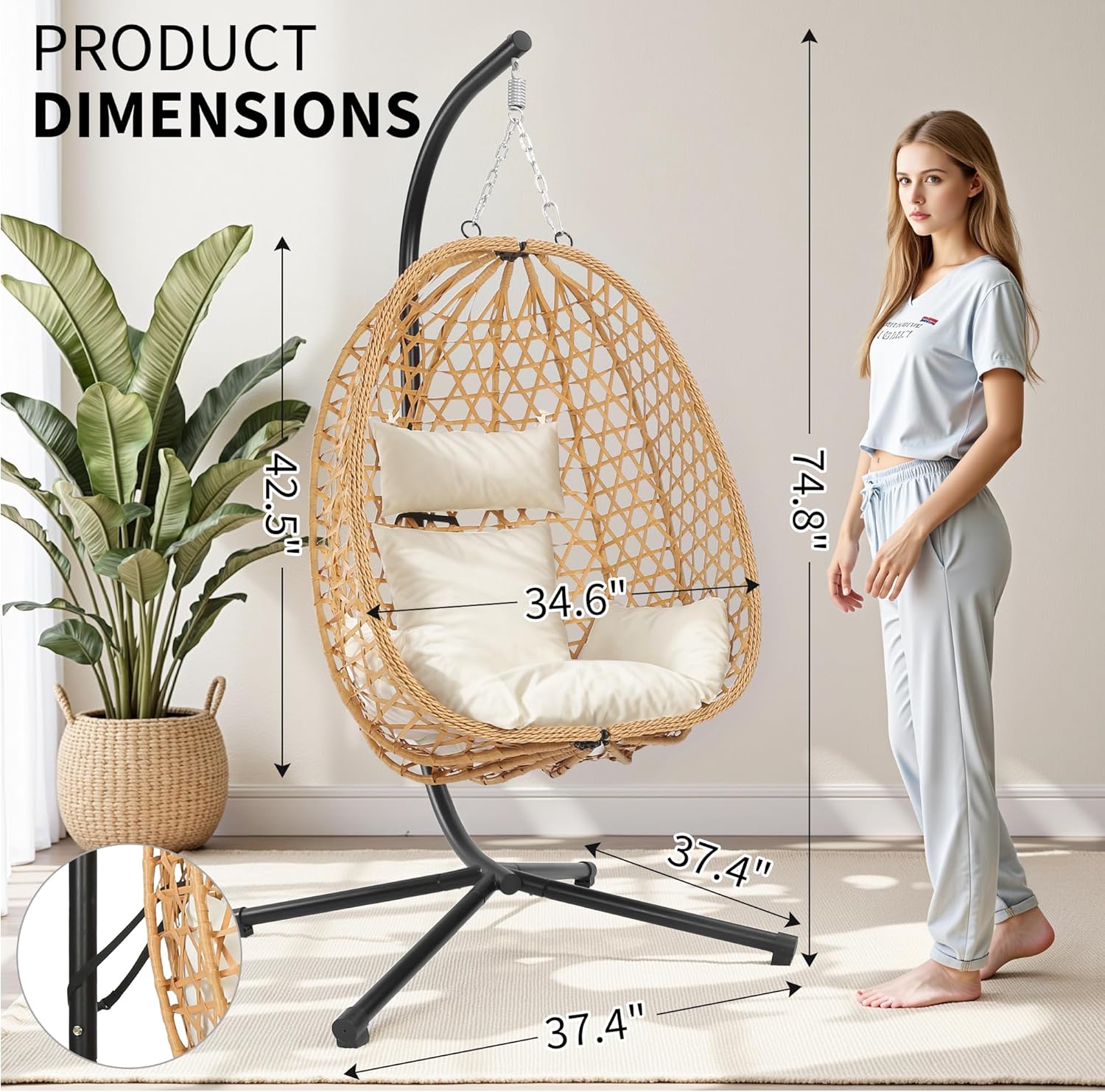 LEX CRAFT Egg Chair with Stand, Patio Wicker Hanging Chair, Hammock Swing Chair, 350LBS Capacity for Bedroom, Balcony, Garden (YE-BE)