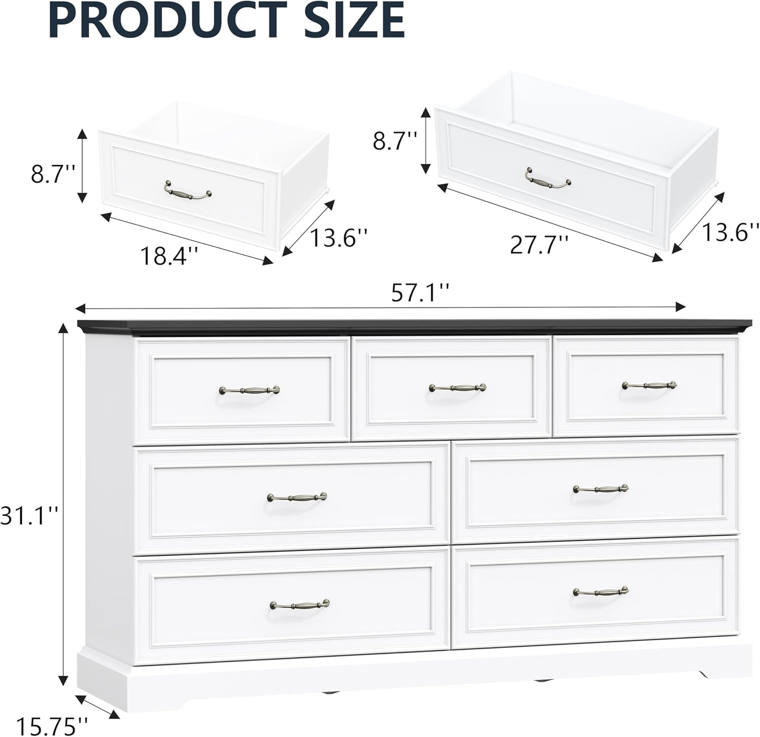 7 Drawer Dresser for Bedroom, 57 Wide Wooden Chest of Drawers, Rustic Farmhouse Dresser with Large Drawers & Metal Handles, Modern Storage Organizer for Closet, Living Room, Hallway, White