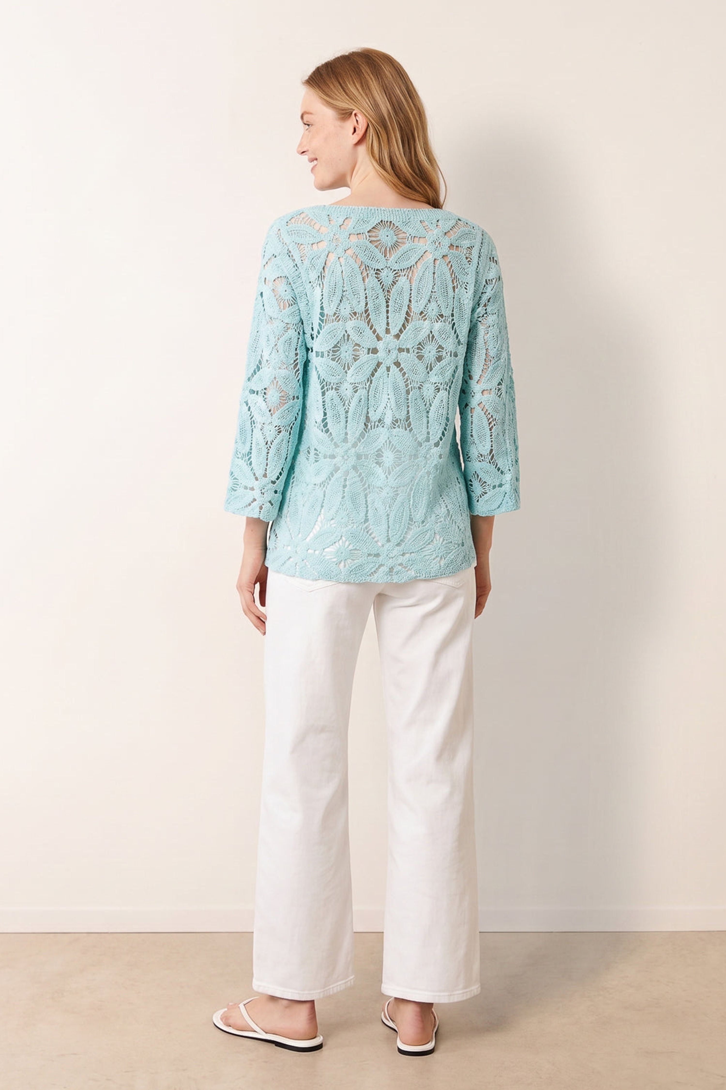 Blue Vanilla Aqua Flower Crochet Long Sleeve Top