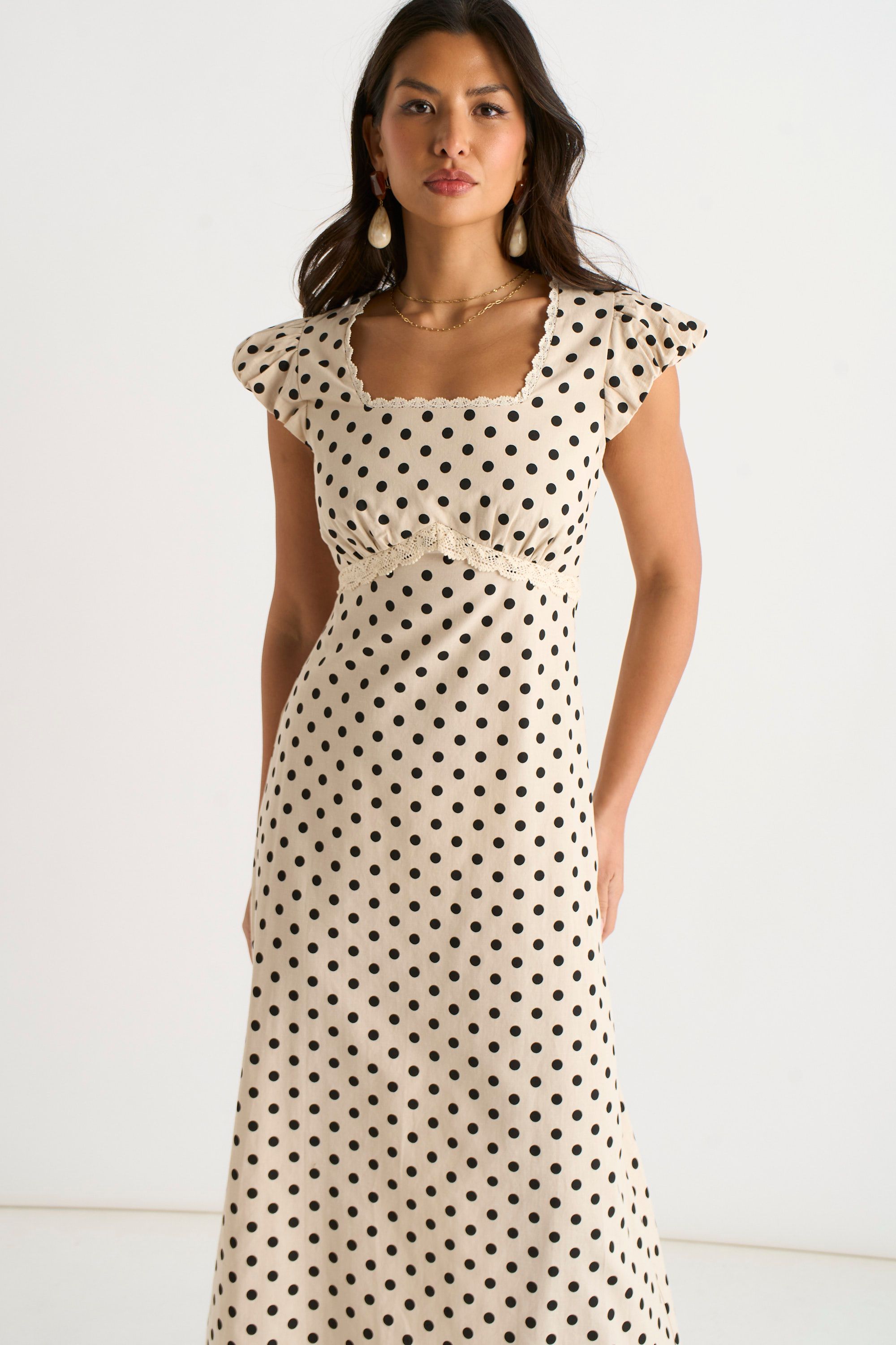 Gini London Cream Cotton Spot Print Lace Trim Midi Dress