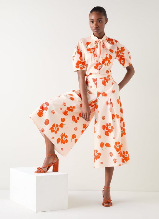 Flora Ivory & Orange Multi Cotton Pleat Block Floral Sateen Culottes
