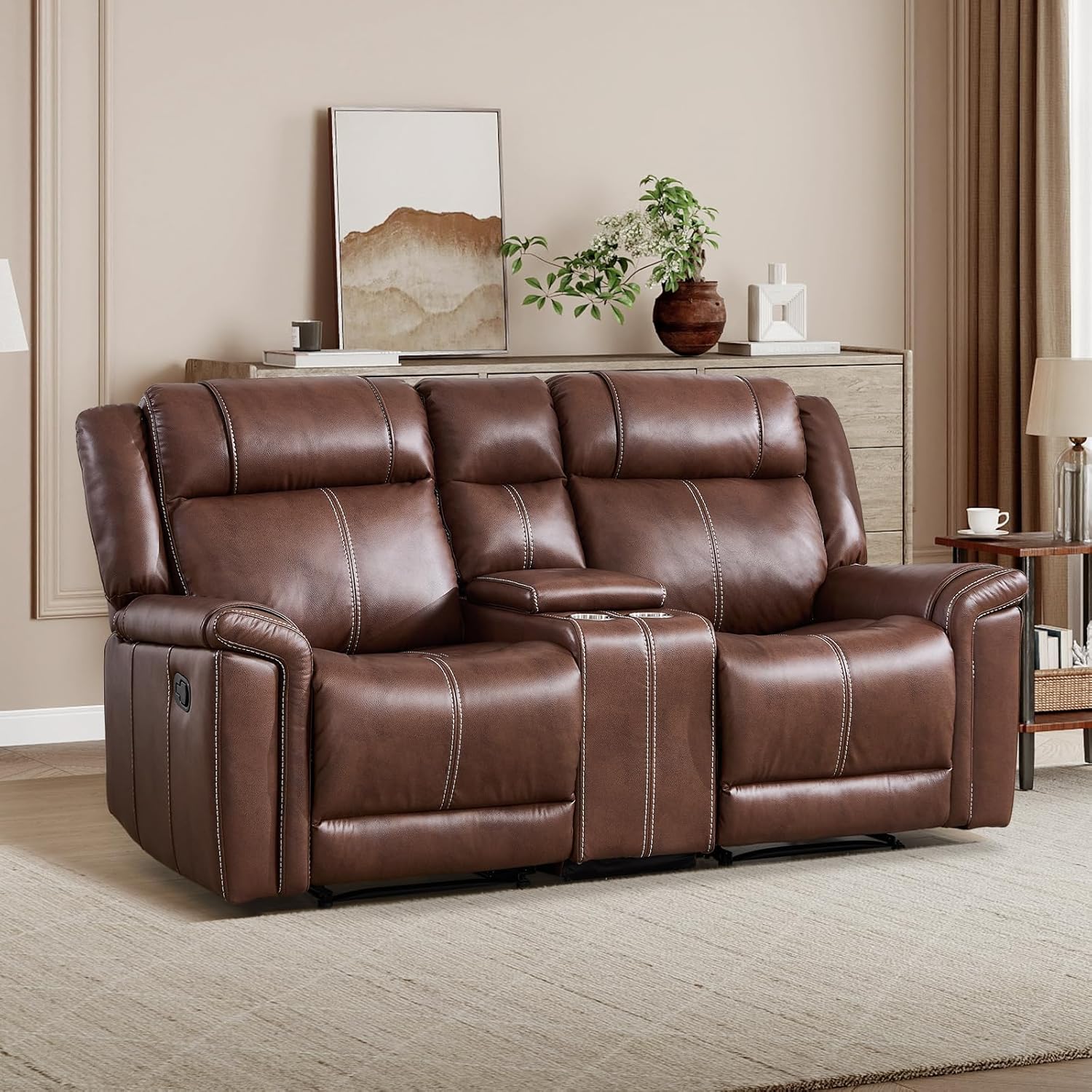 EBELLO Faux Leather Recliner Loveseat Sofa, Manual Reclining Couch, Mid-Century Modern 2-Seater Chair with Handy Cup Holders and Storage Space, for Living Room, Meeting Room, Brown