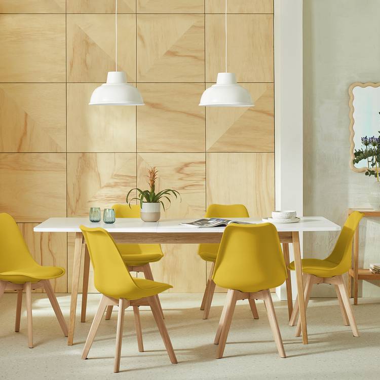 Habitat Sylas Extending White Dining Table & 6 Yellow Chairs