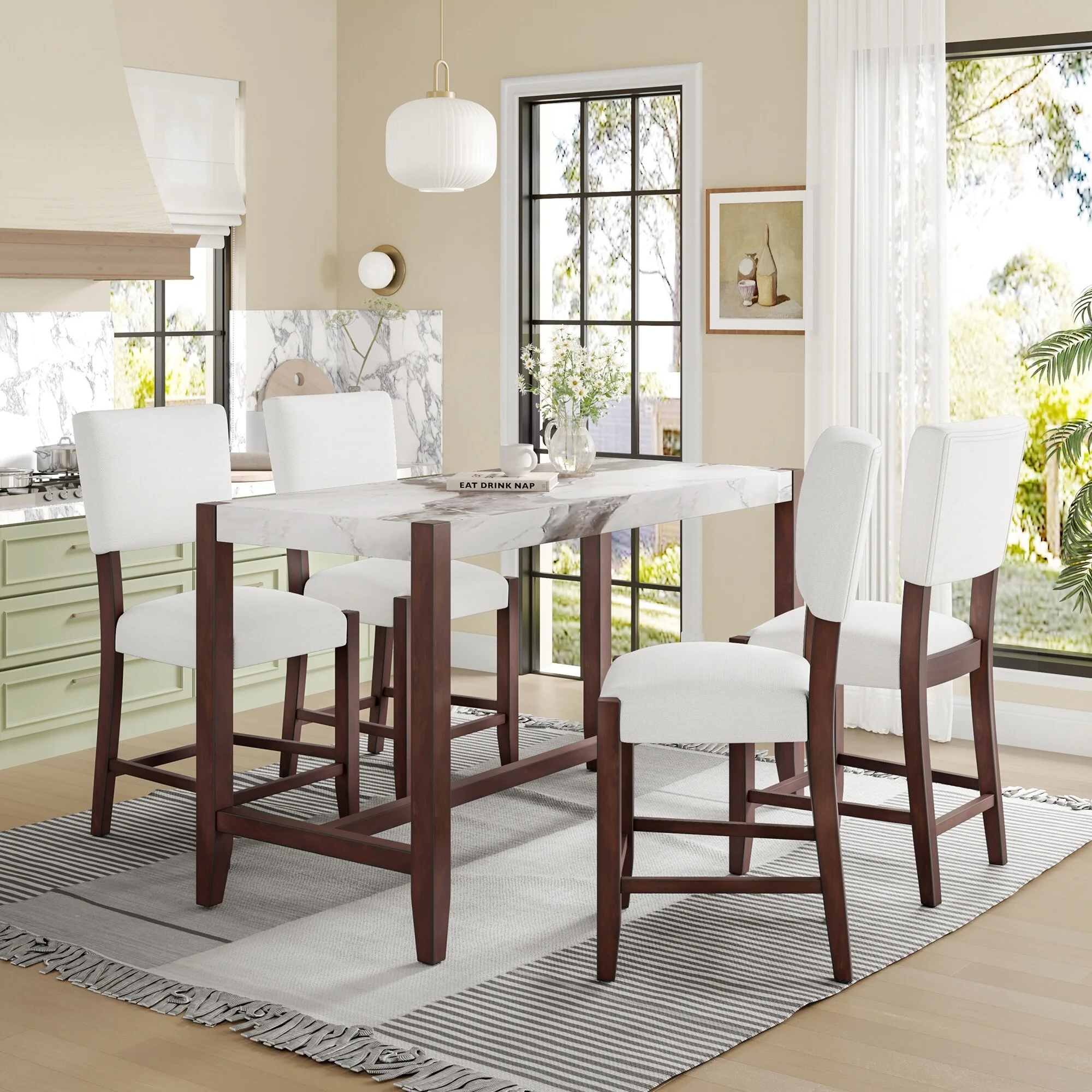 5-Piece Counter Height Dining Table Set with Faux Marble Table and 4 Upholstered-Seat Ergonomic Chairs, Anti-stain Surface