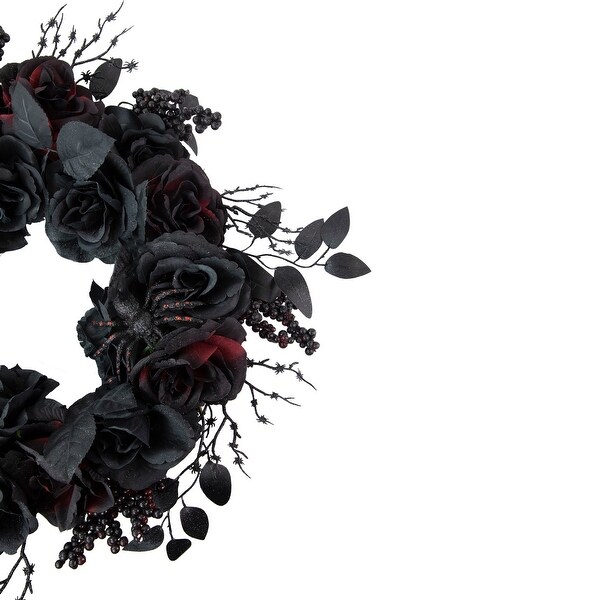 Burgundy and Black Roses with Spiders Halloween Wreath, 24-Inch, Unlit
