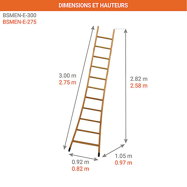 Echelle bois base évasée 11 barreaux - Hauteur à atteindre 2.82m - BSMEN-E-300