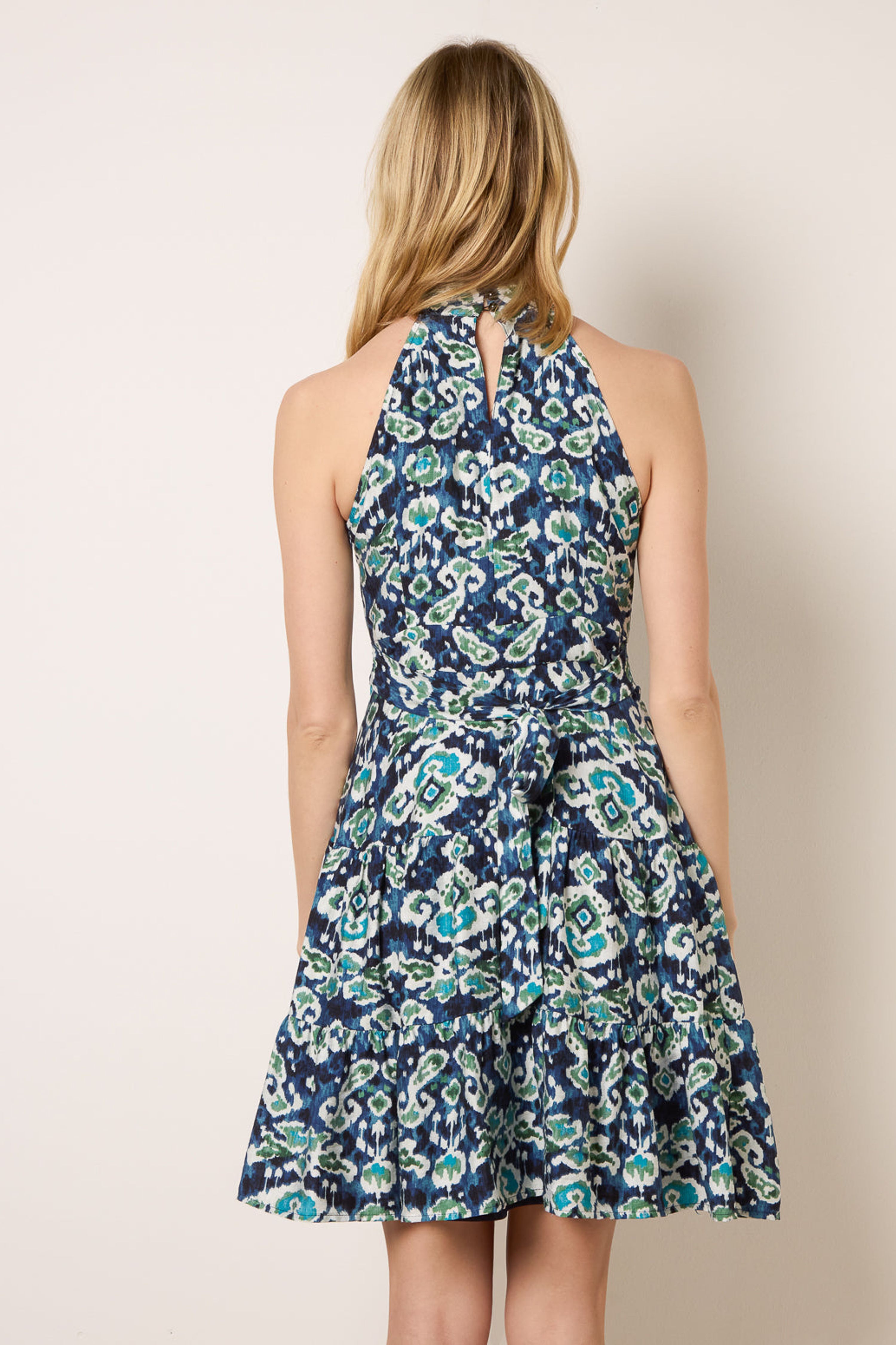 Blue Vanilla Blue Tiered Halter Neck Aztec Belted Mini Dress