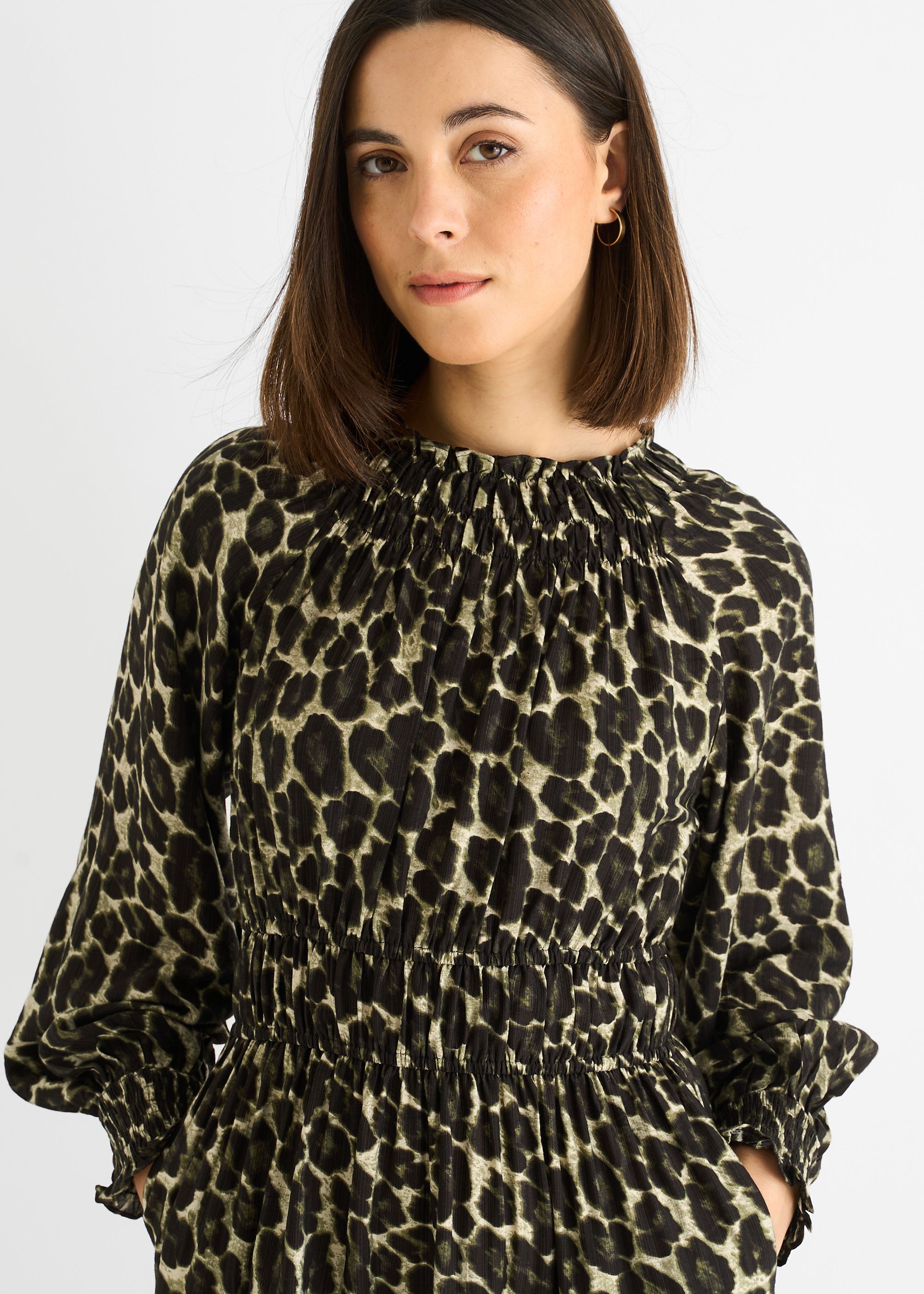 Gini London Khaki Animal Print Shirred High Neck Maxi Dress