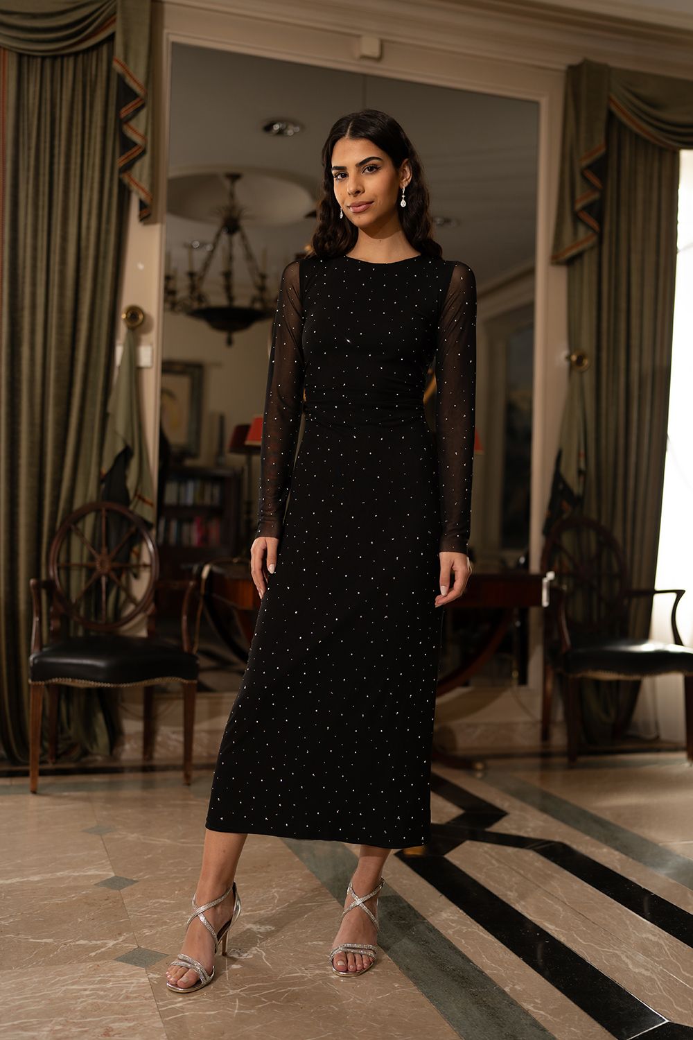 Yumi Black Mesh Bodycon Midi Dress With Tie Back and Diamantes