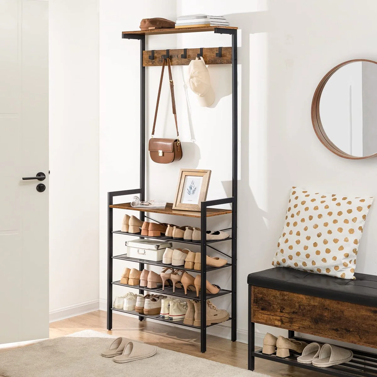 Hall Tree with Bench, Coat Rack with Shoe Storage, Shoe and Coat Rack, 5-Tier Entryway Shoe Storage, 5 Hooks, for 12-16 Pairs