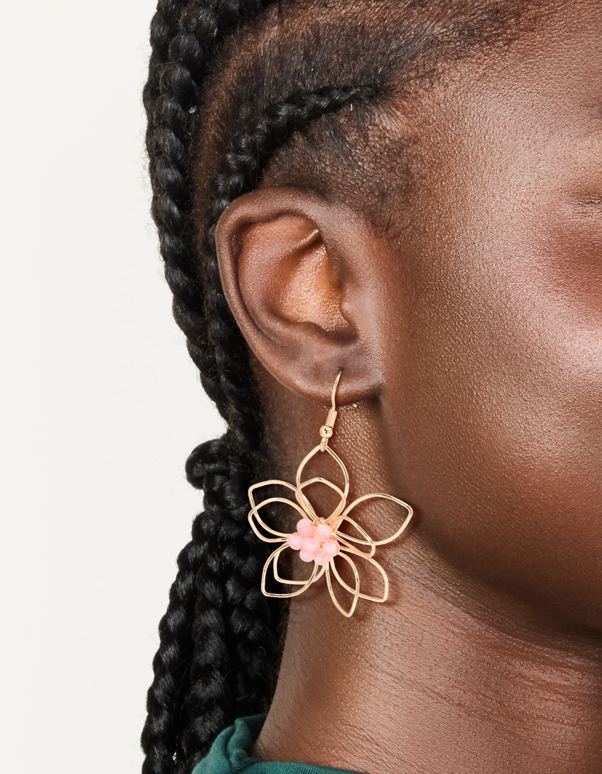 Gold Pink Beaded 3D Flower Drop Earrings