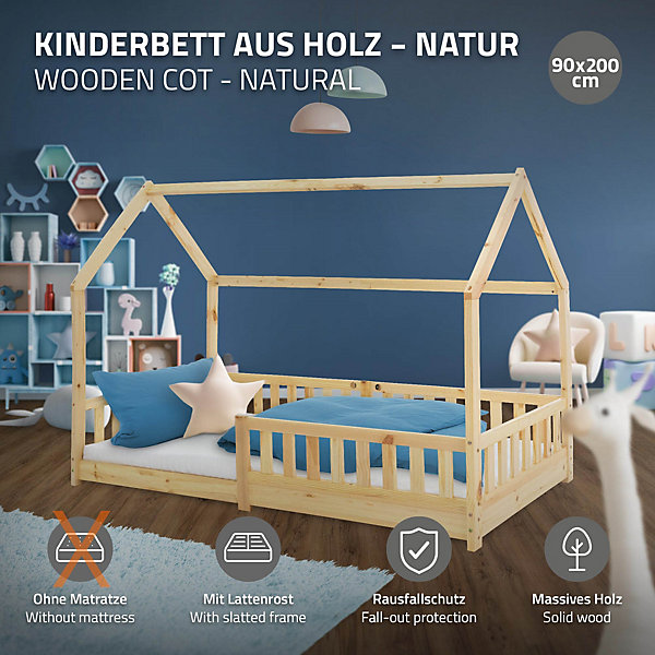Lit d'enfant ML-Design 90x200cm naturel en bois de pin avec toit et sommier protection contre chutes
