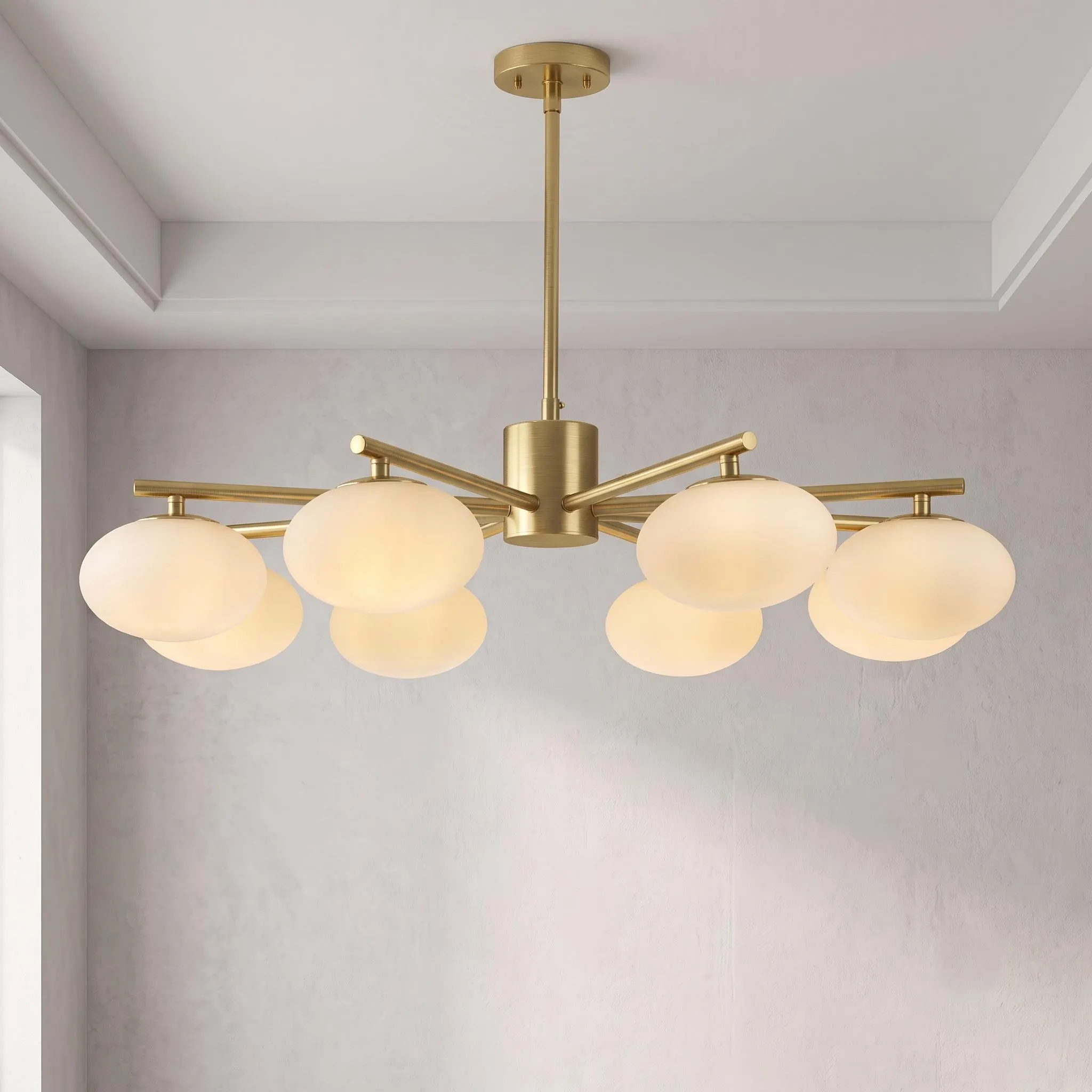 Brass Globe Chandelier, 8 Light Opal Glass Chandelier, Mid Century Ceiling Light, Dining Room Kitchen Island Fixture