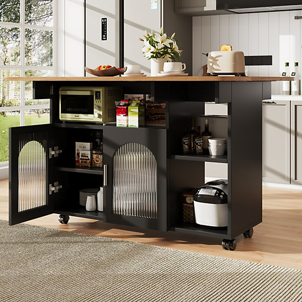 Îlot de Cuisine Mobile avec Roulettes, Plan Effet Bois et Rangement Multifonction - MDF, Métal et Verre - Noir 120x30-70x79,5 cm