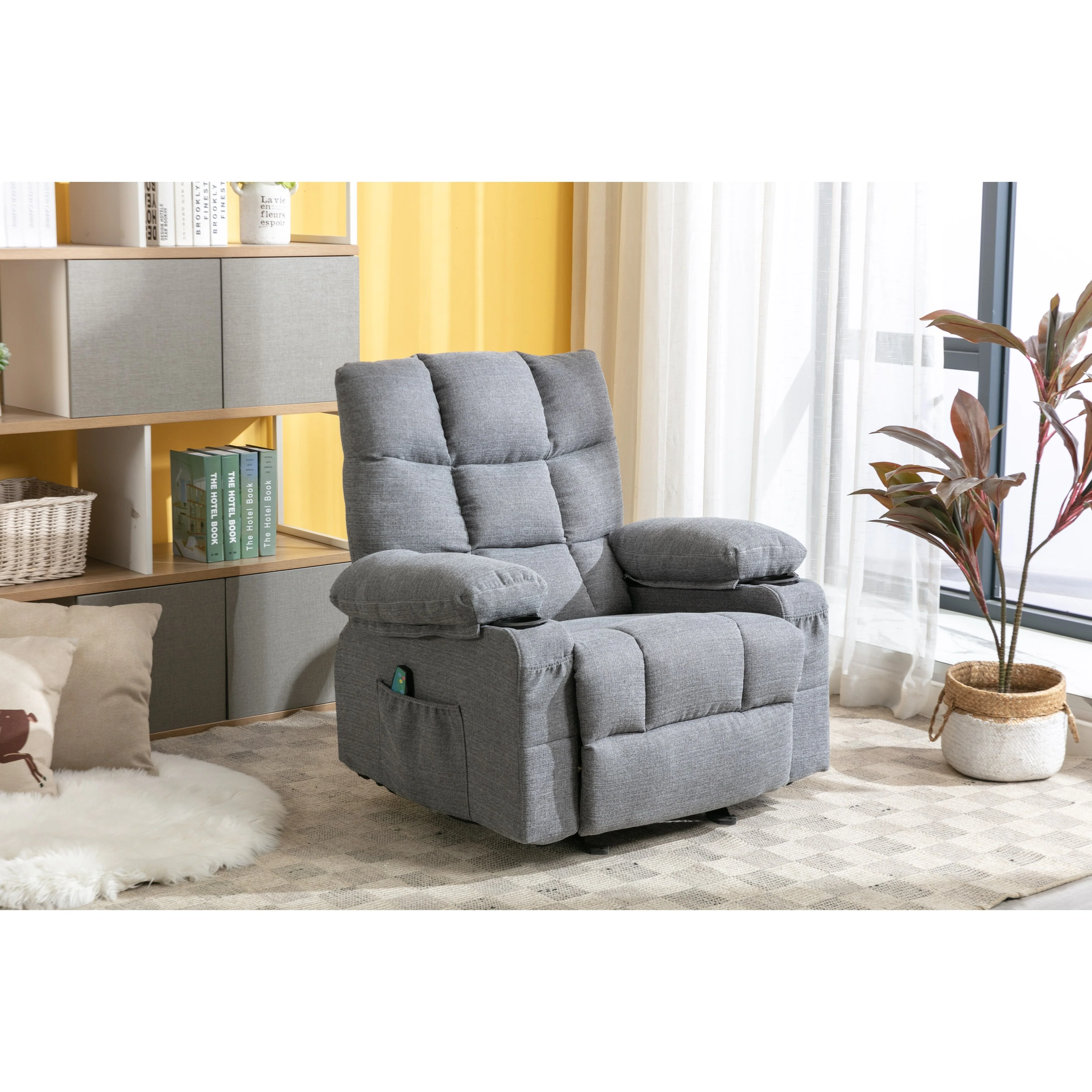 Grey Recliner Chair with Heated Massage, USB Ports, Side Pockets, and Dual Cup Holders for Relaxation