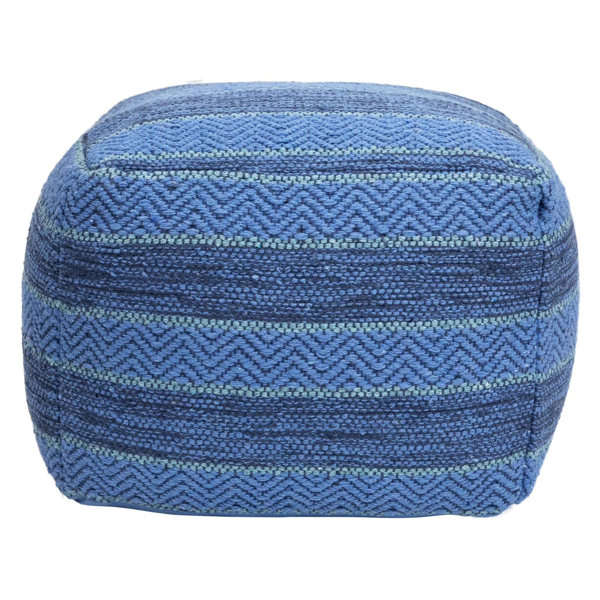 Striped Woven Cotton Square Pouf - 14 - Blue