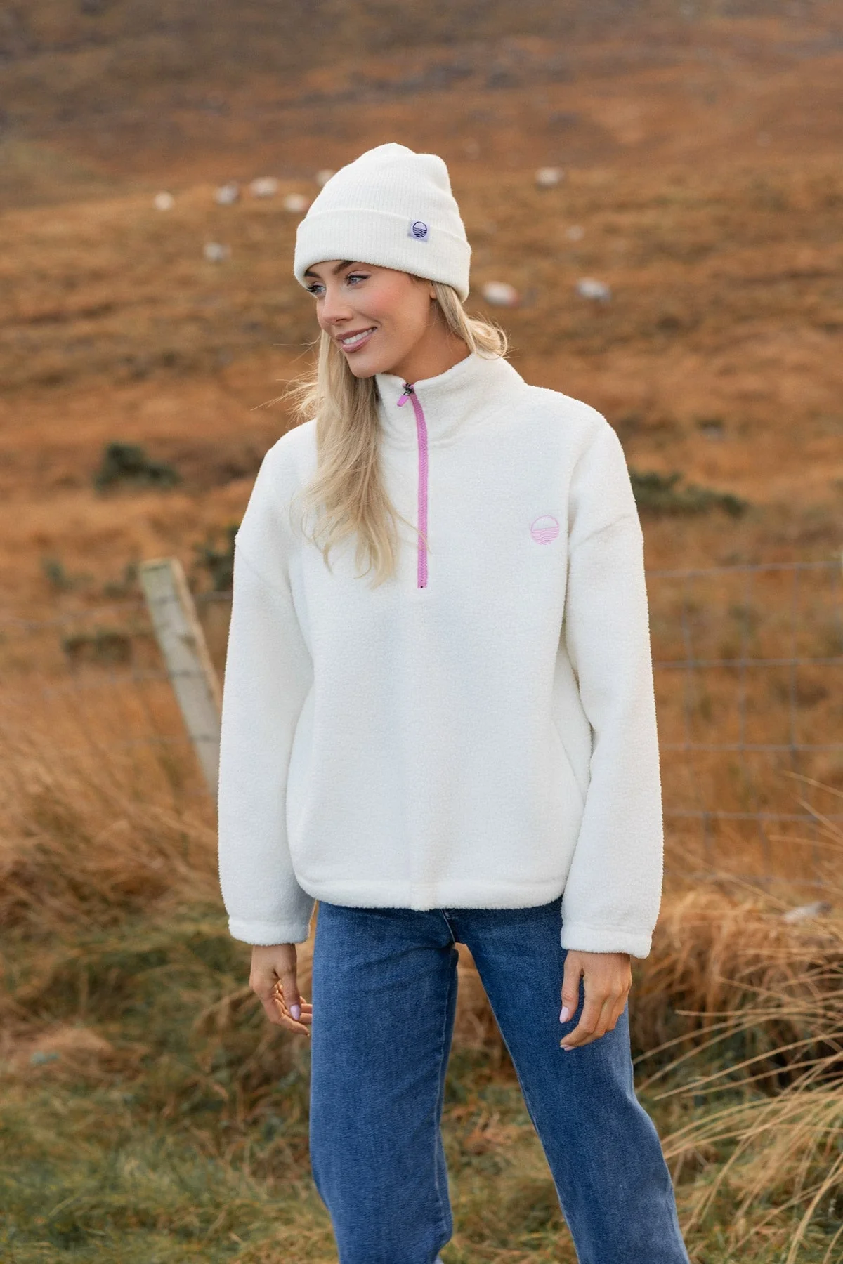 Ecru Teddy Fleece With Contrast Zip