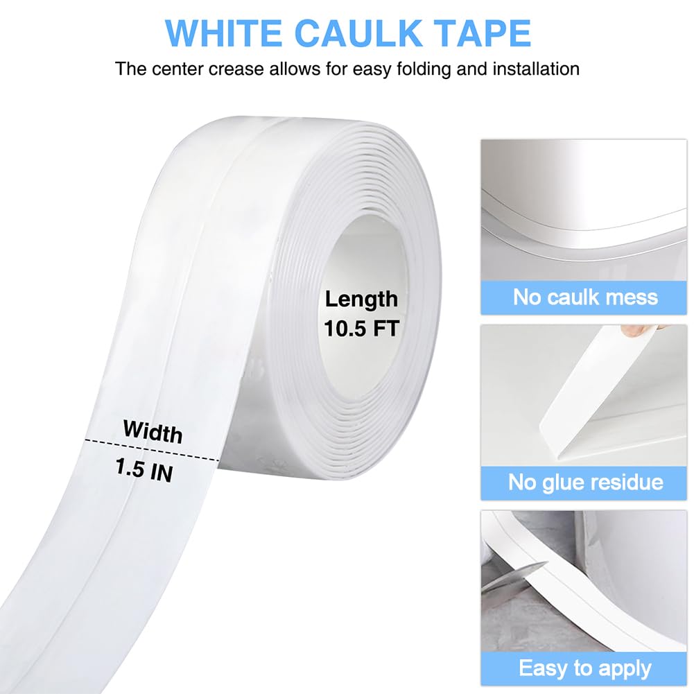 2 Rolls Caulk Tape Self Adhesive, Bathroom Waterproof White Caulking Sealant Strip Peel & Stick Wallpaper Floor Tile Toilet Tub Sink Backsplash Kitchen Wall Decor, Easier to Use Than Silicone Caulk