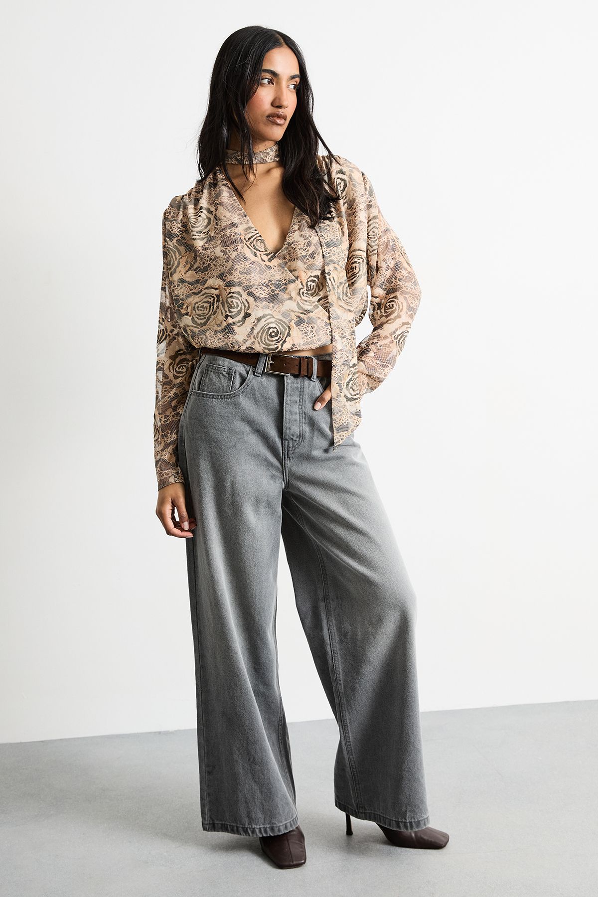 Warehouse Burnout Chiffon Printed Extreme Shoulder Blouse