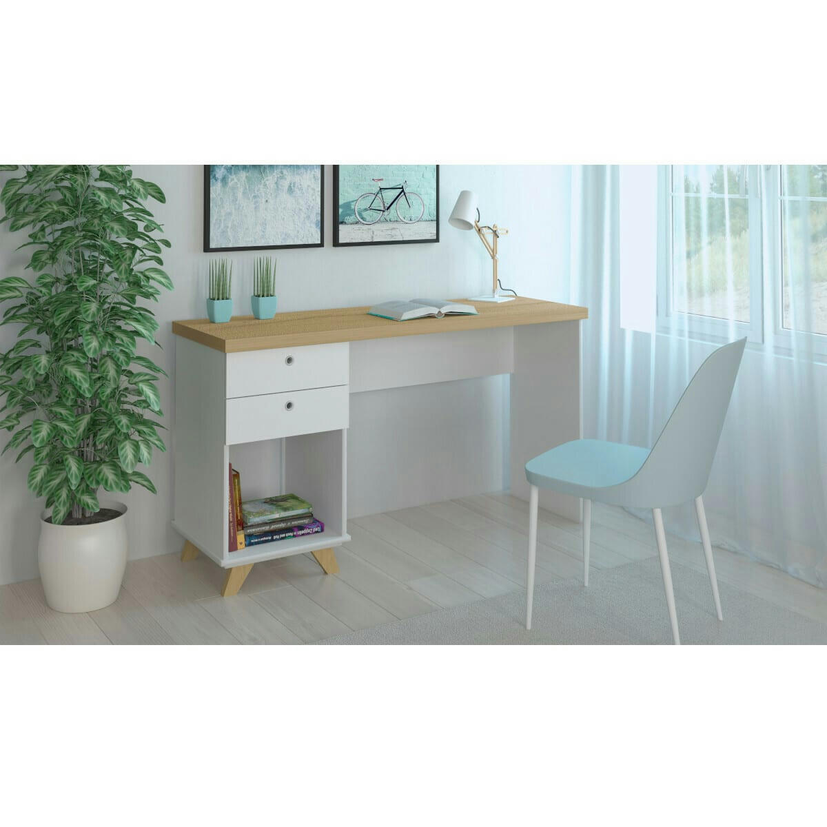 SEAMUS - Bureau 2 tiroirs effet bois blanc et bois
