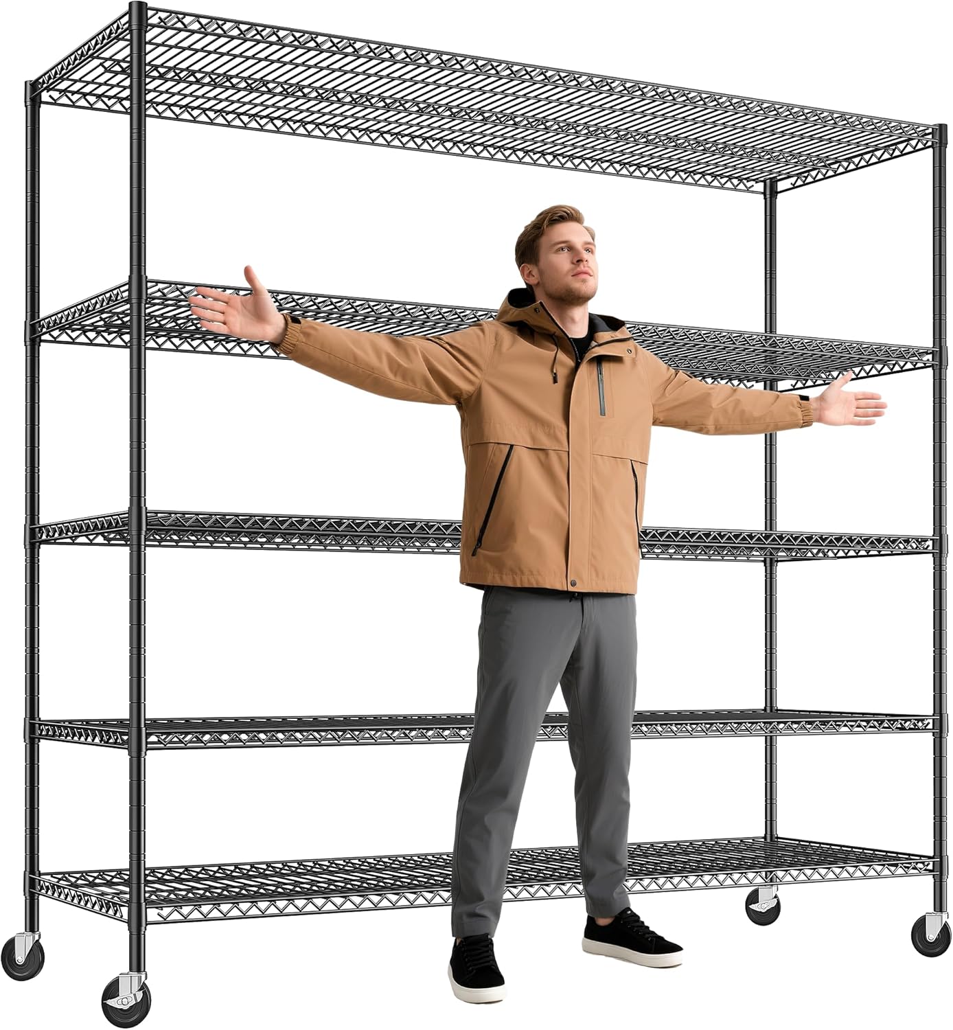 REIBII 85.7H Garage Shelving 2998LBS Storage Shelves with Wheels&Feet,5 Tier Garage Shelves Heavy Duty Adjustable Wire Shelving for Basement Commercial Industrial Pantry, 85.7H X 55.5W X 24.2D