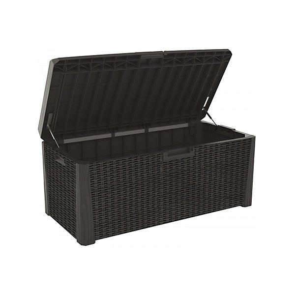 Coffre de jardin en résine 560 Litres Gris Anthracite Cousin inclus Effet rotin L147xP72xH65 cm TOOMAX
