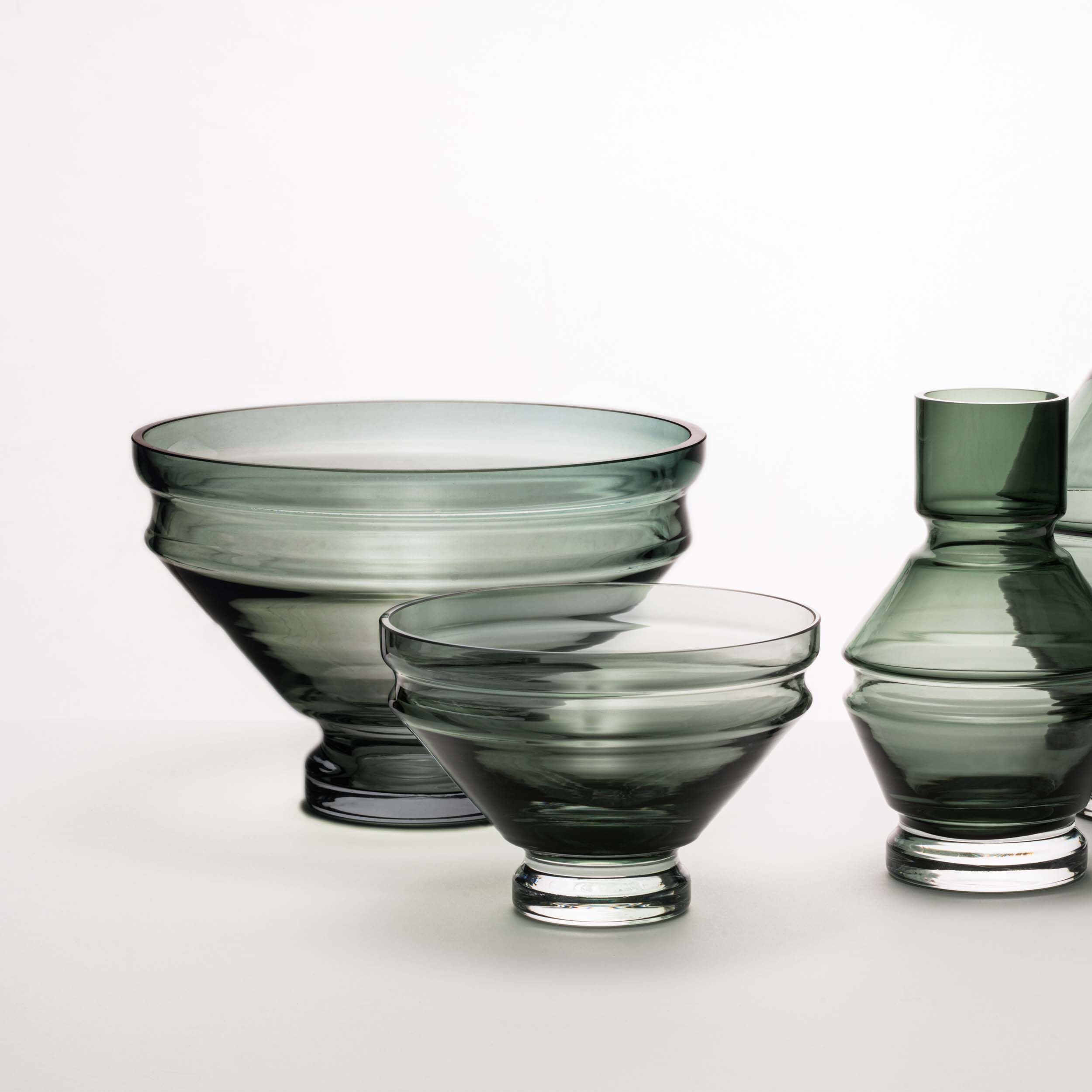 Large Smokey Gray Sculptural Ripple Glass Bowl