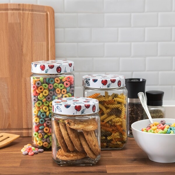 Cherries Galore Set Of 3 Square Clear Glass Jar