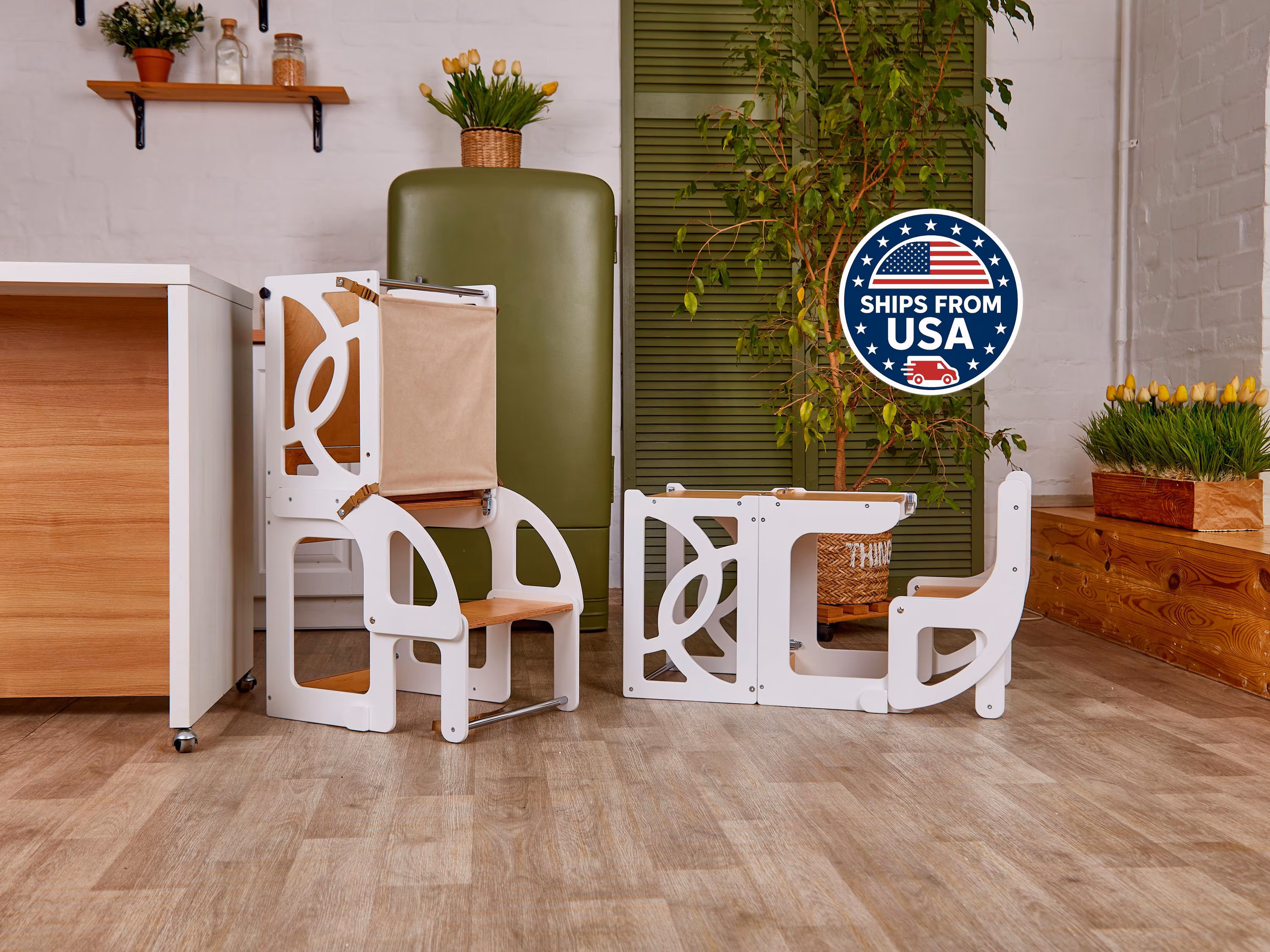Toddler tower table with Seatback, Chalkboard, Safety Net, Slide and Paper roll - kitchen step stool for learning
